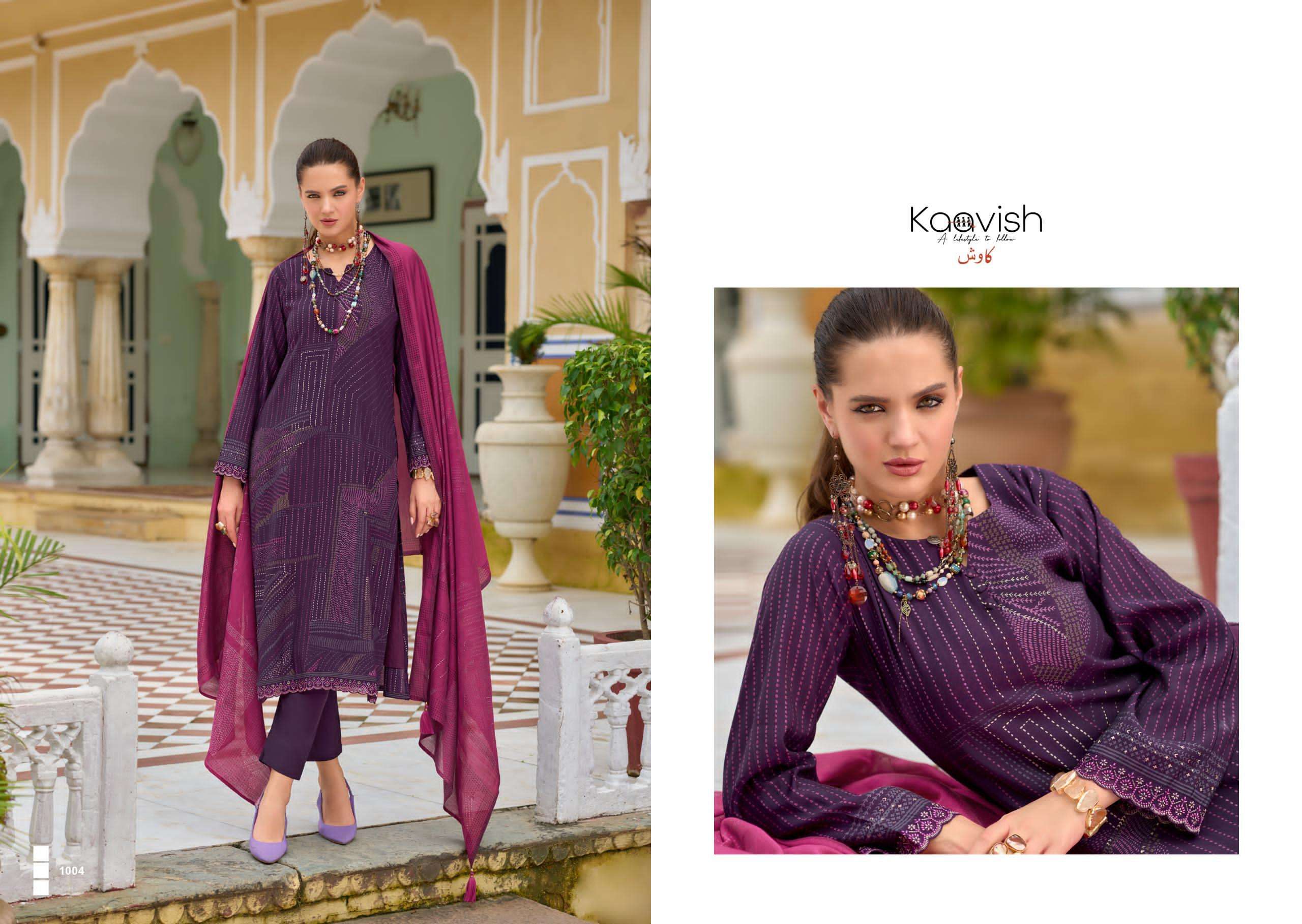 nilofer by kaavish fashion 1001-1004 series pure viscose muslin salwar kameez catalogue dealer surat gujarat 