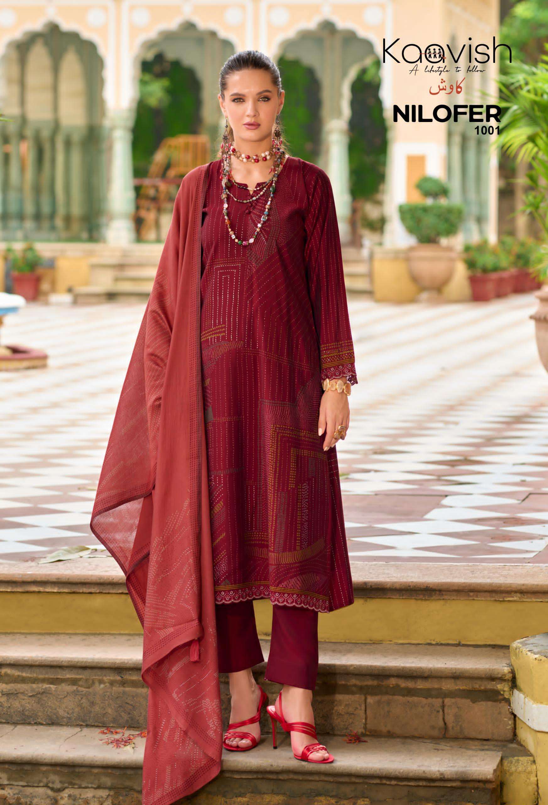 nilofer by kaavish fashion 1001-1004 series pure viscose muslin salwar kameez catalogue dealer surat gujarat 