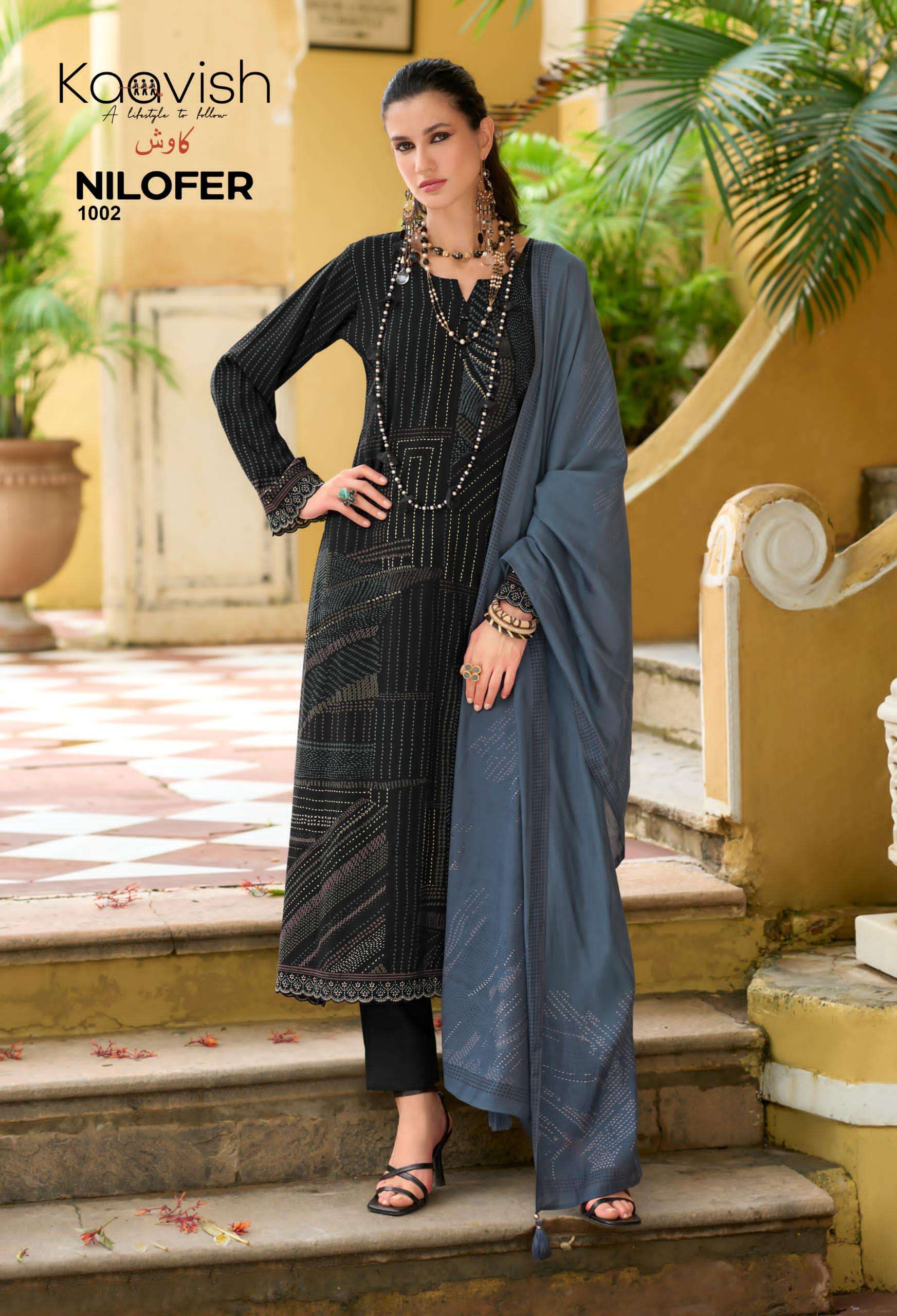 nilofer by kaavish fashion 1001-1004 series pure viscose muslin salwar kameez catalogue dealer surat gujarat 