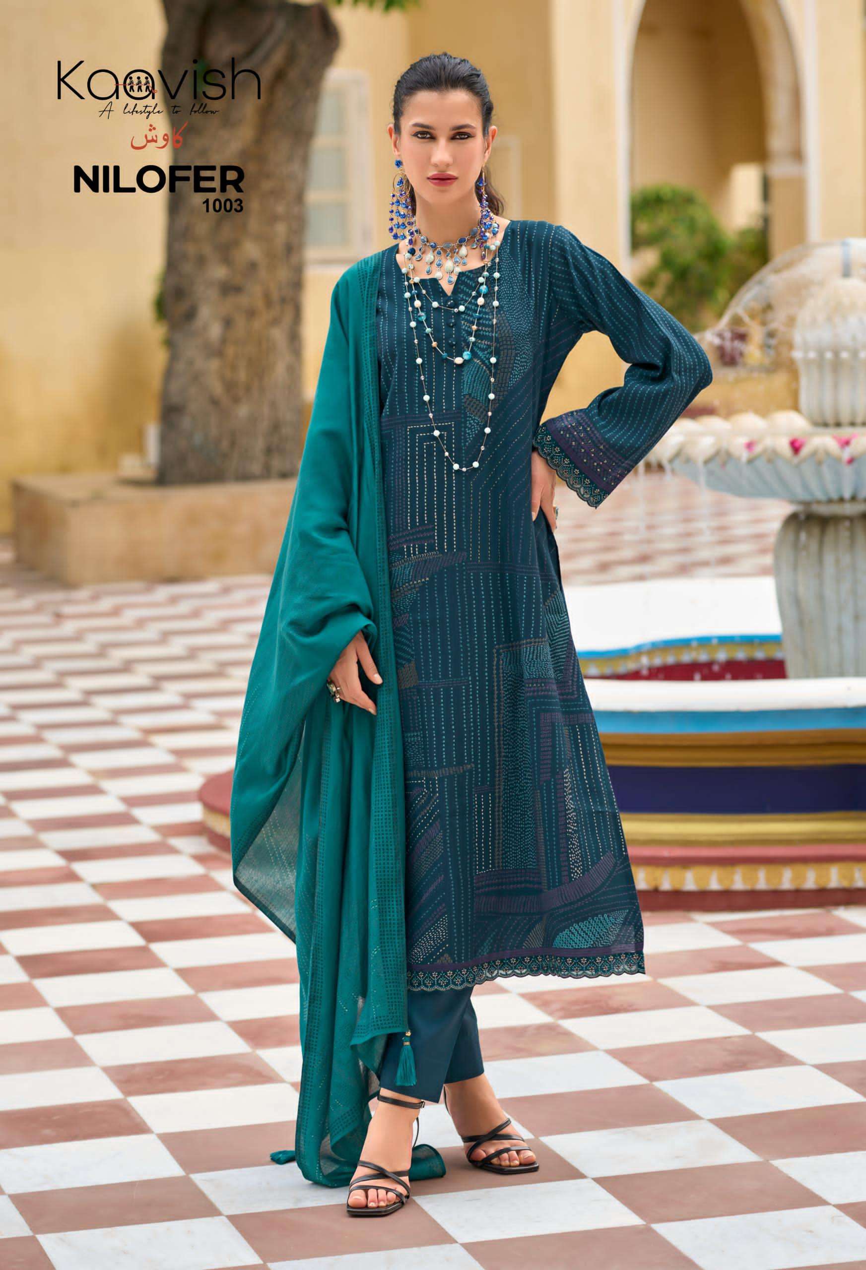 nilofer by kaavish fashion 1001-1004 series pure viscose muslin salwar kameez catalogue dealer surat gujarat 