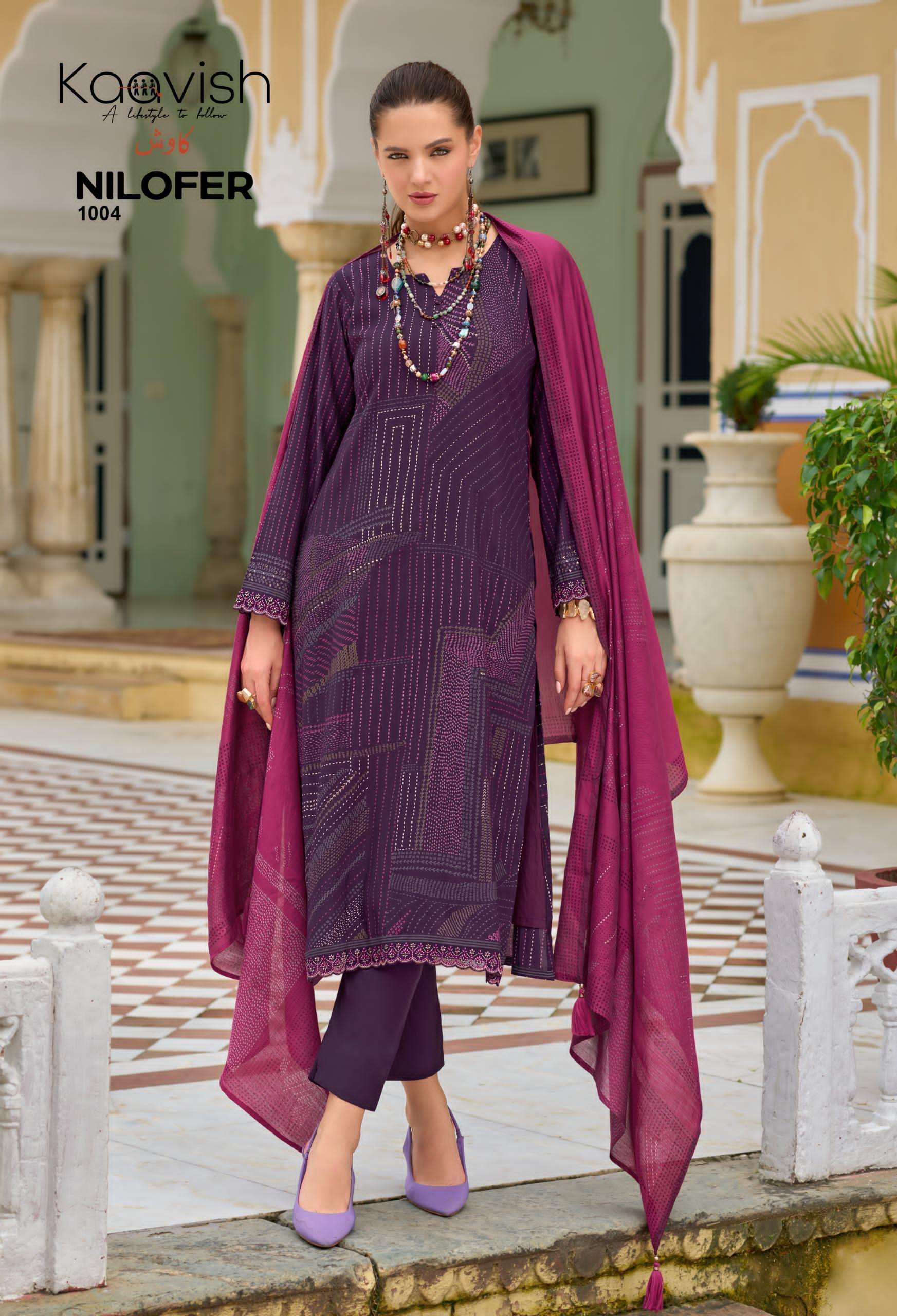 nilofer by kaavish fashion 1001-1004 series pure viscose muslin salwar kameez catalogue dealer surat gujarat 