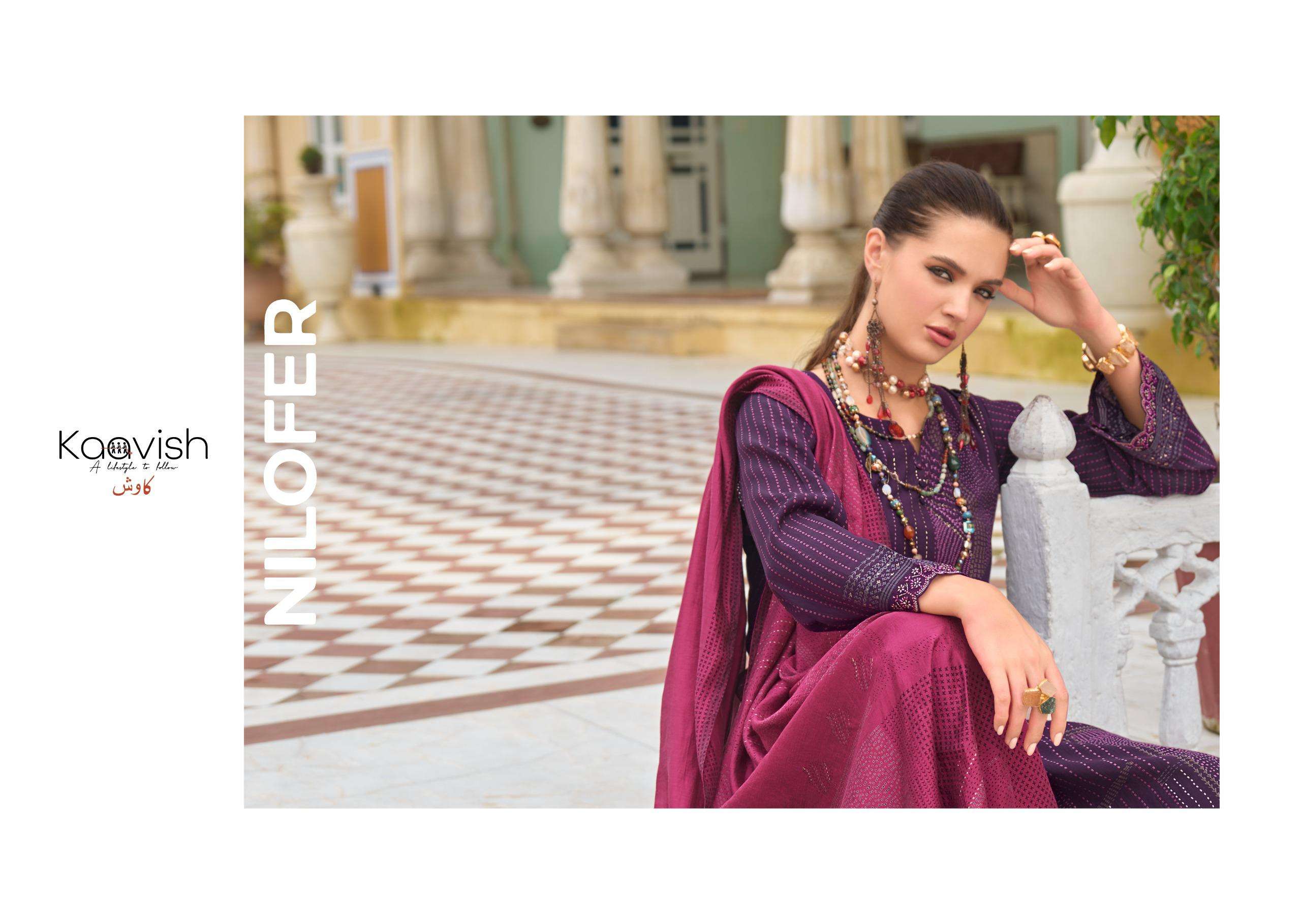 nilofer by kaavish fashion 1001-1004 series pure viscose muslin salwar kameez catalogue dealer surat gujarat 