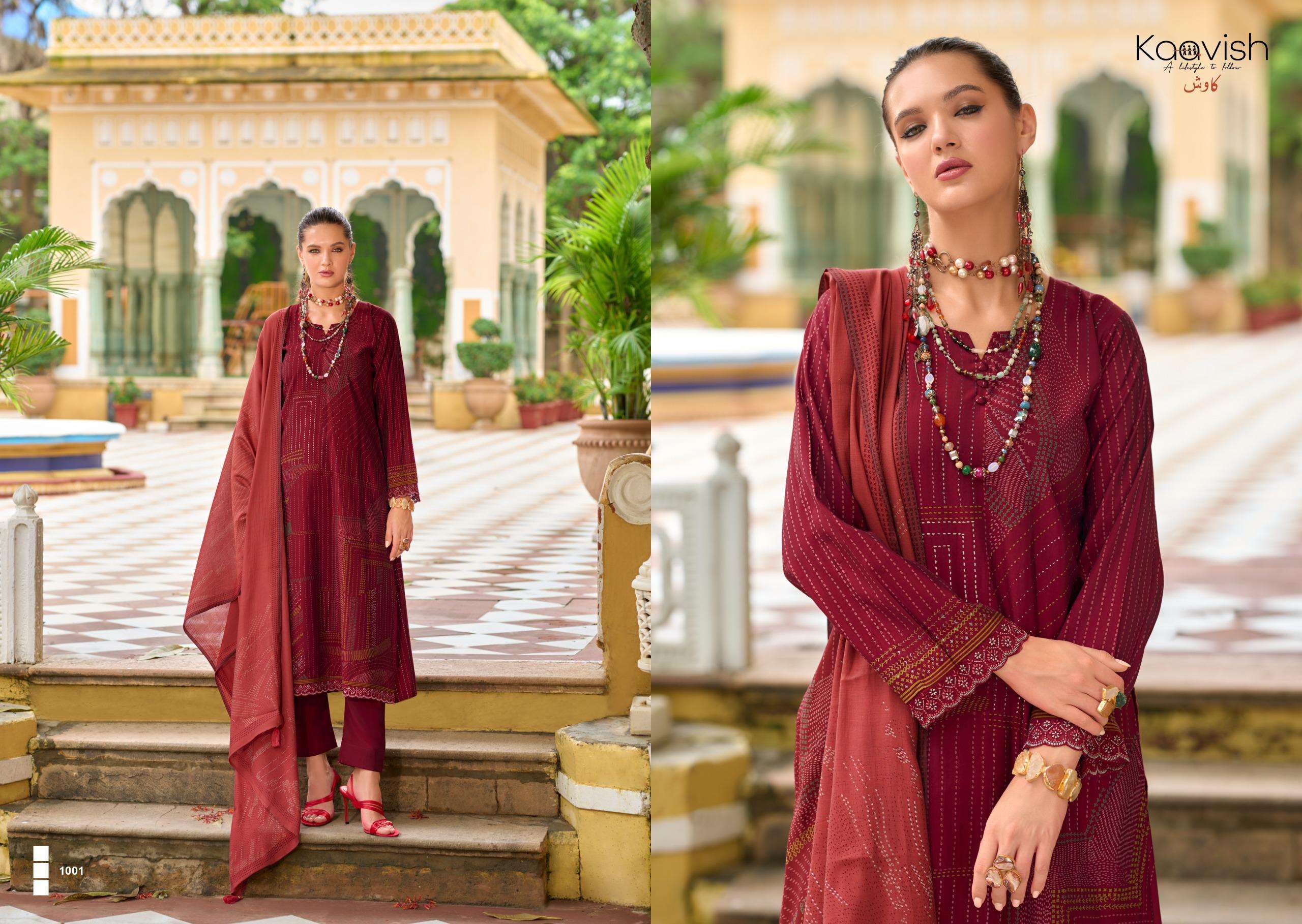 nilofer by kaavish fashion 1001-1004 series pure viscose muslin salwar kameez catalogue dealer surat gujarat 