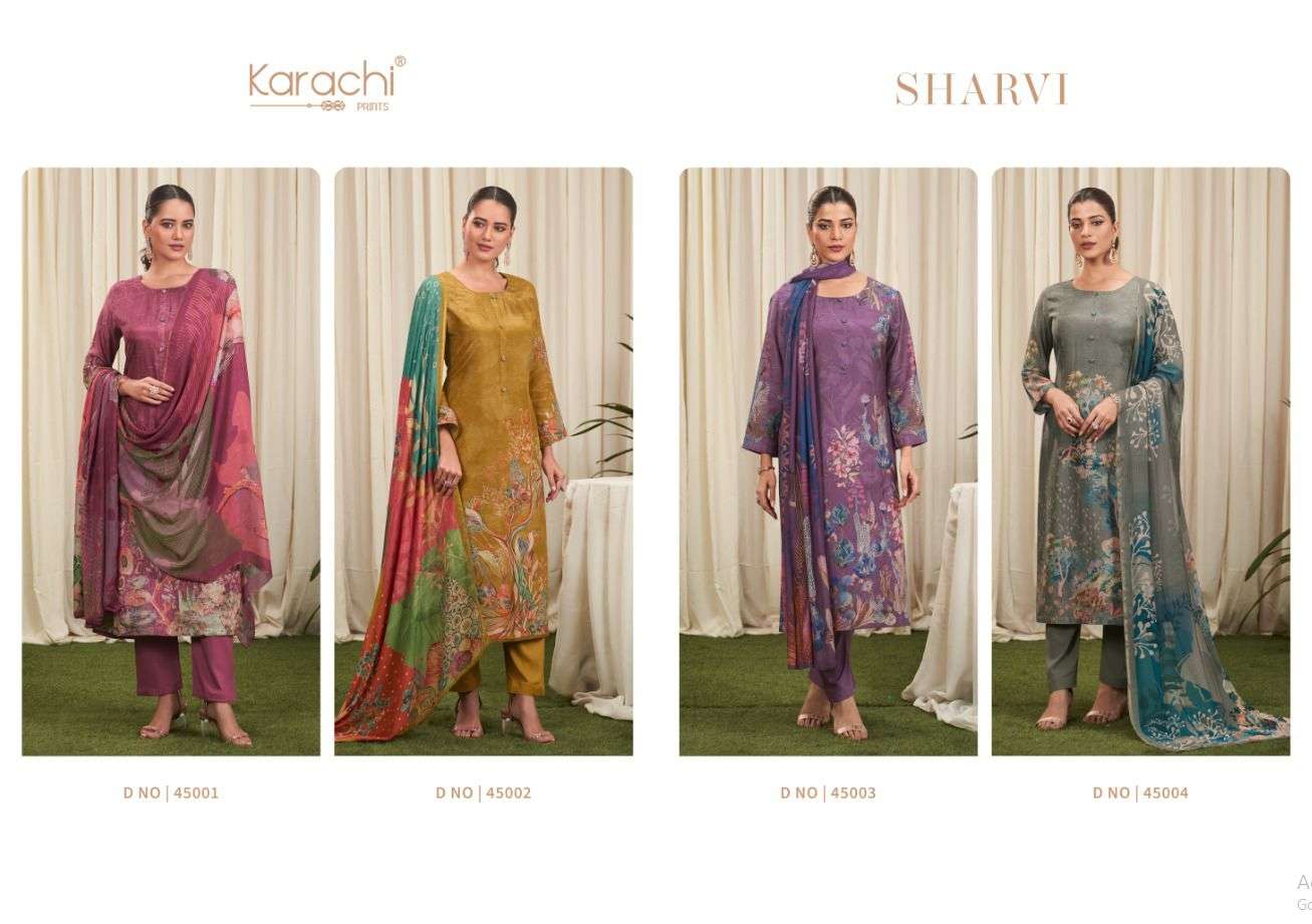 sharvi by karachi prints 45001-45004 series printed designer dress material catalogue online purchasing surat gujarat 