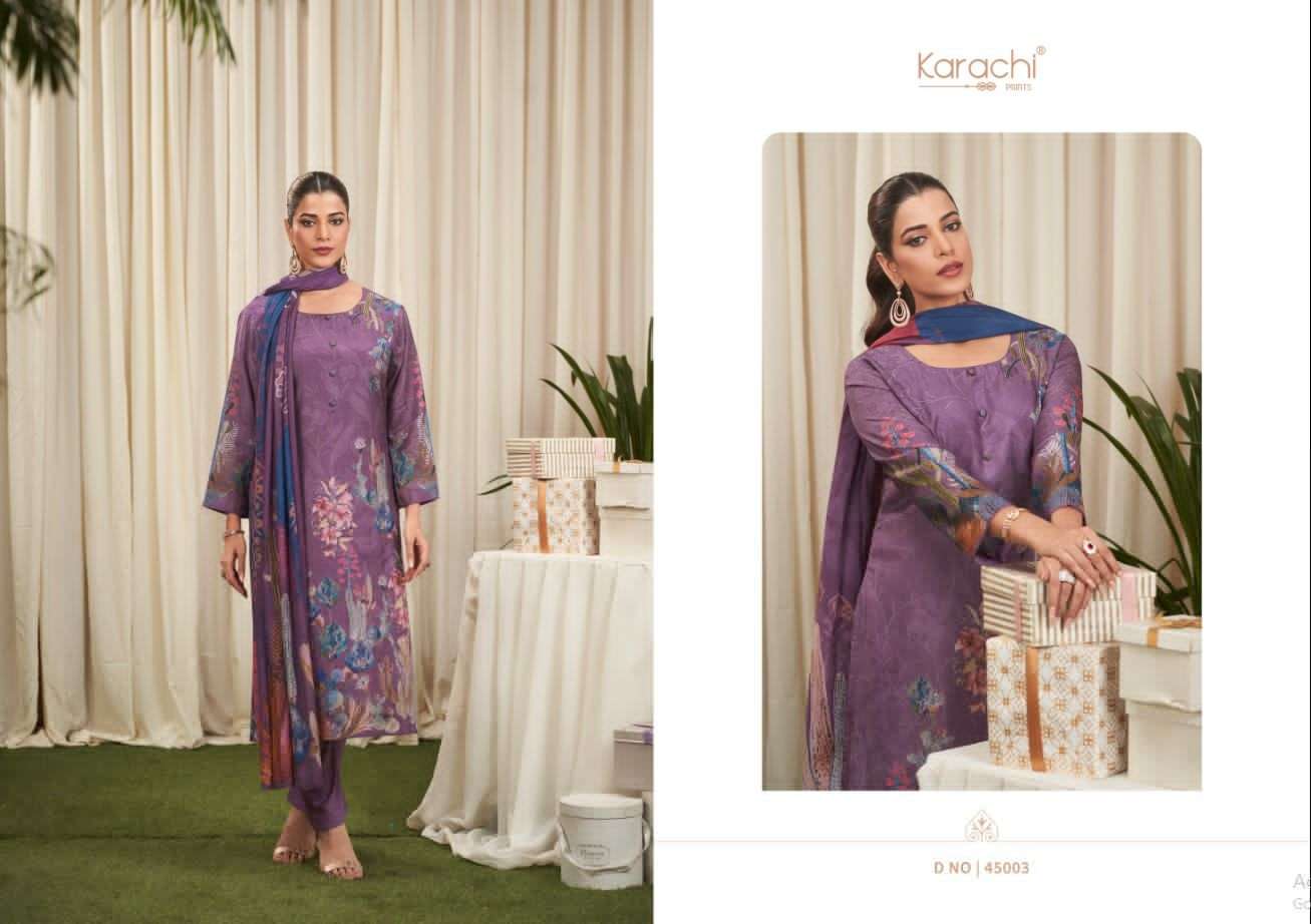 sharvi by karachi prints 45001-45004 series printed designer dress material catalogue online purchasing surat gujarat 