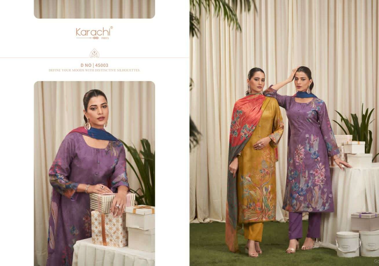 sharvi by karachi prints 45001-45004 series printed designer dress material catalogue online purchasing surat gujarat 