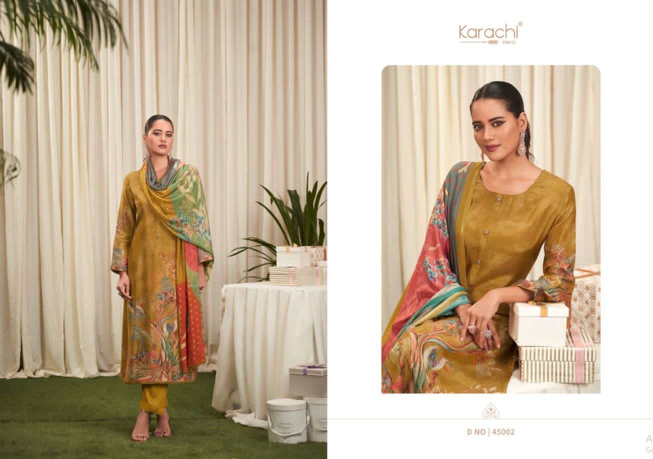sharvi by karachi prints 45001-45004 series printed designer dress material catalogue online purchasing surat gujarat 