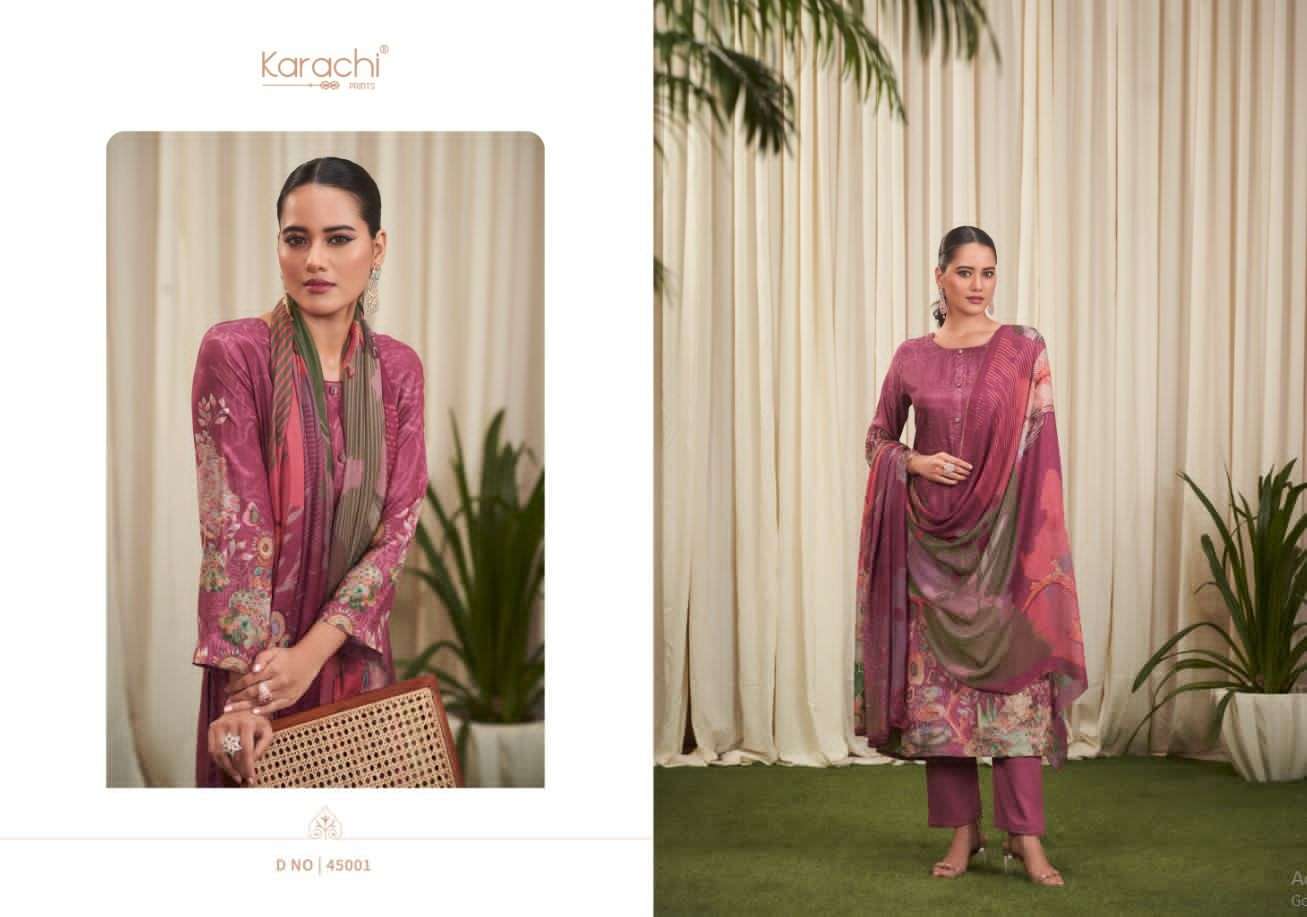sharvi by karachi prints 45001-45004 series printed designer dress material catalogue online purchasing surat gujarat 