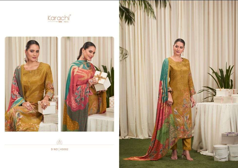 sharvi by karachi prints 45001-45004 series printed designer dress material catalogue online purchasing surat gujarat 