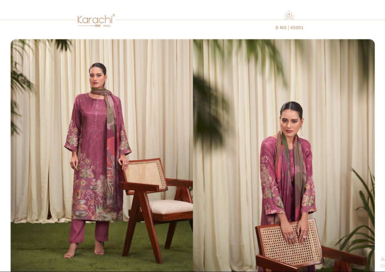 sharvi by karachi prints 45001-45004 series printed designer dress material catalogue online purchasing surat gujarat 