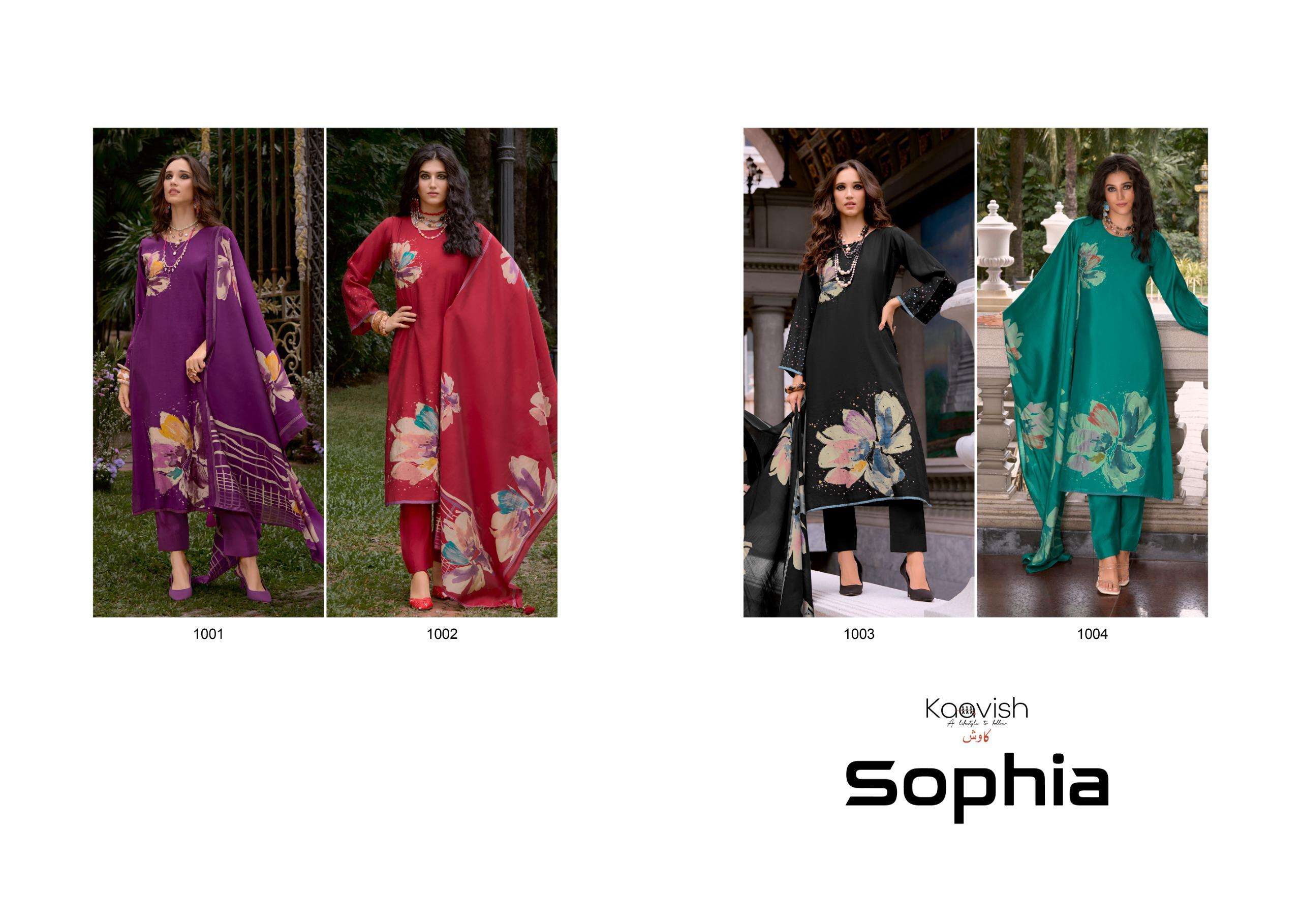 sophia by kaavish fashion 1001-1004 series pure viscose muslin print with fancy work suits catalogue surat gujarat 