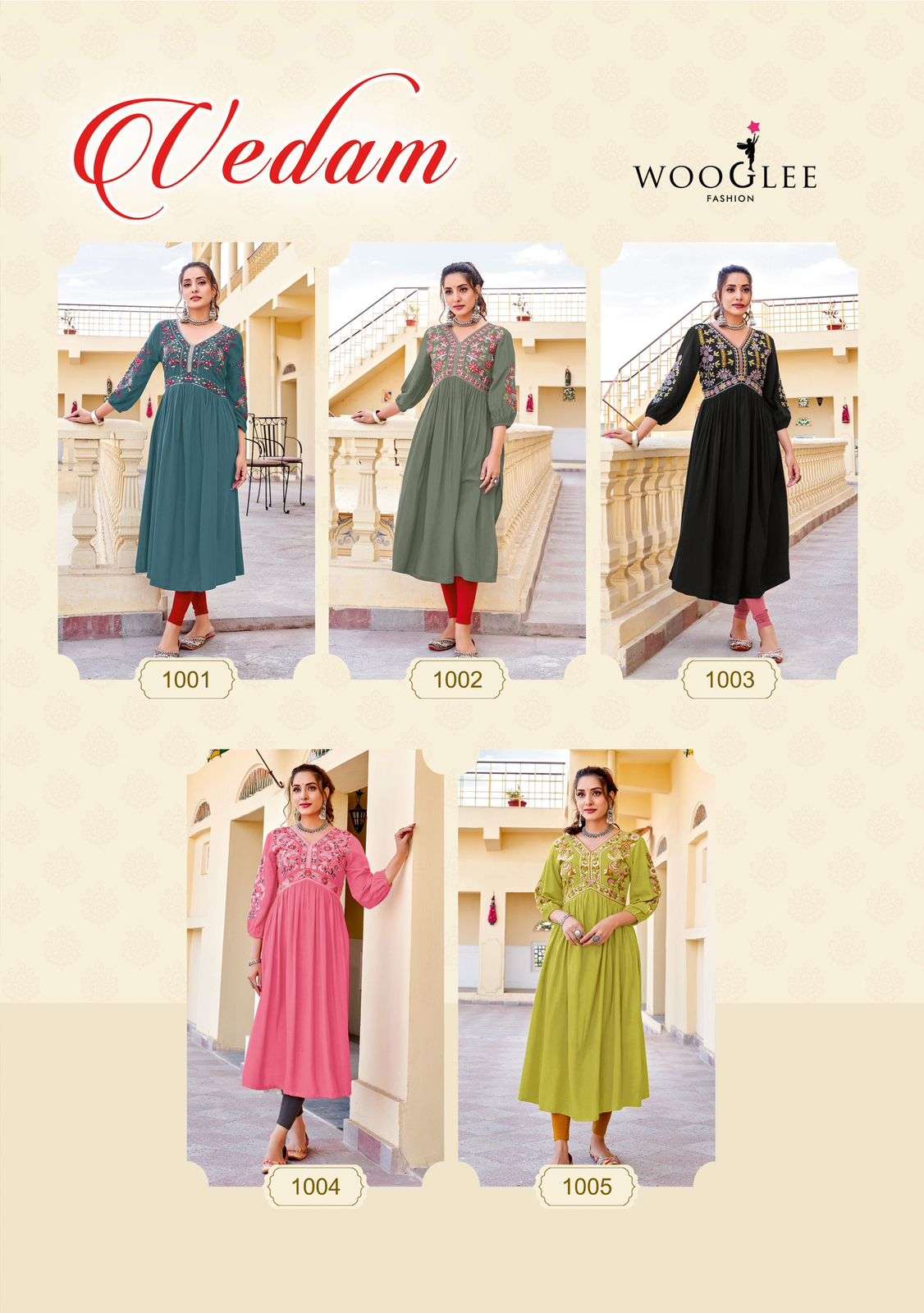 vedam by woogle fashion 1001-1005 series fancy work designer heavy rayon kurtis catalogue online surat gujarat 