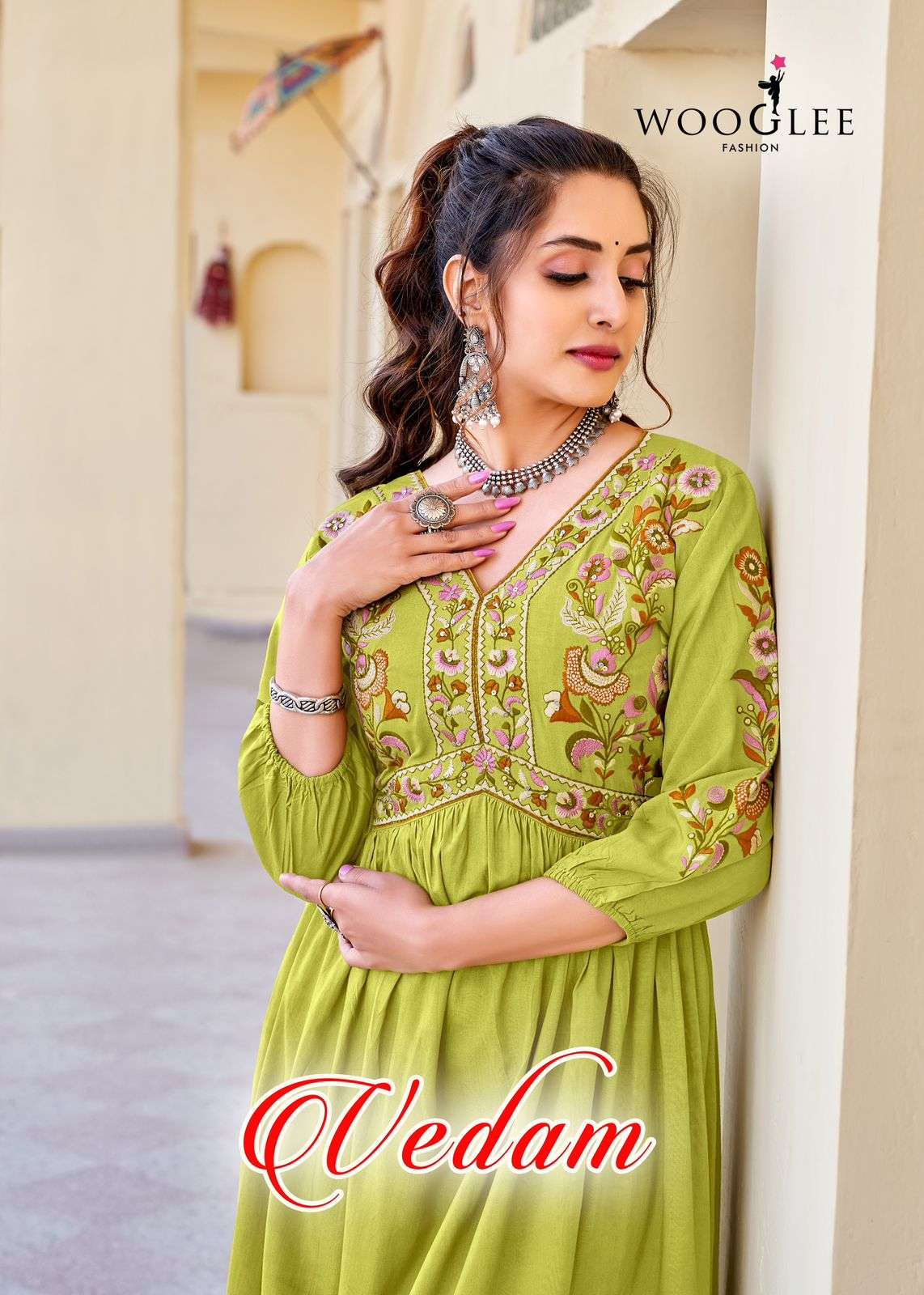 vedam by woogle fashion 1001-1005 series fancy work designer heavy rayon kurtis catalogue online surat gujarat 