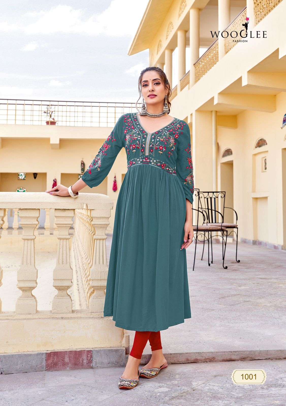 vedam by woogle fashion 1001-1005 series fancy work designer heavy rayon kurtis catalogue online surat gujarat 