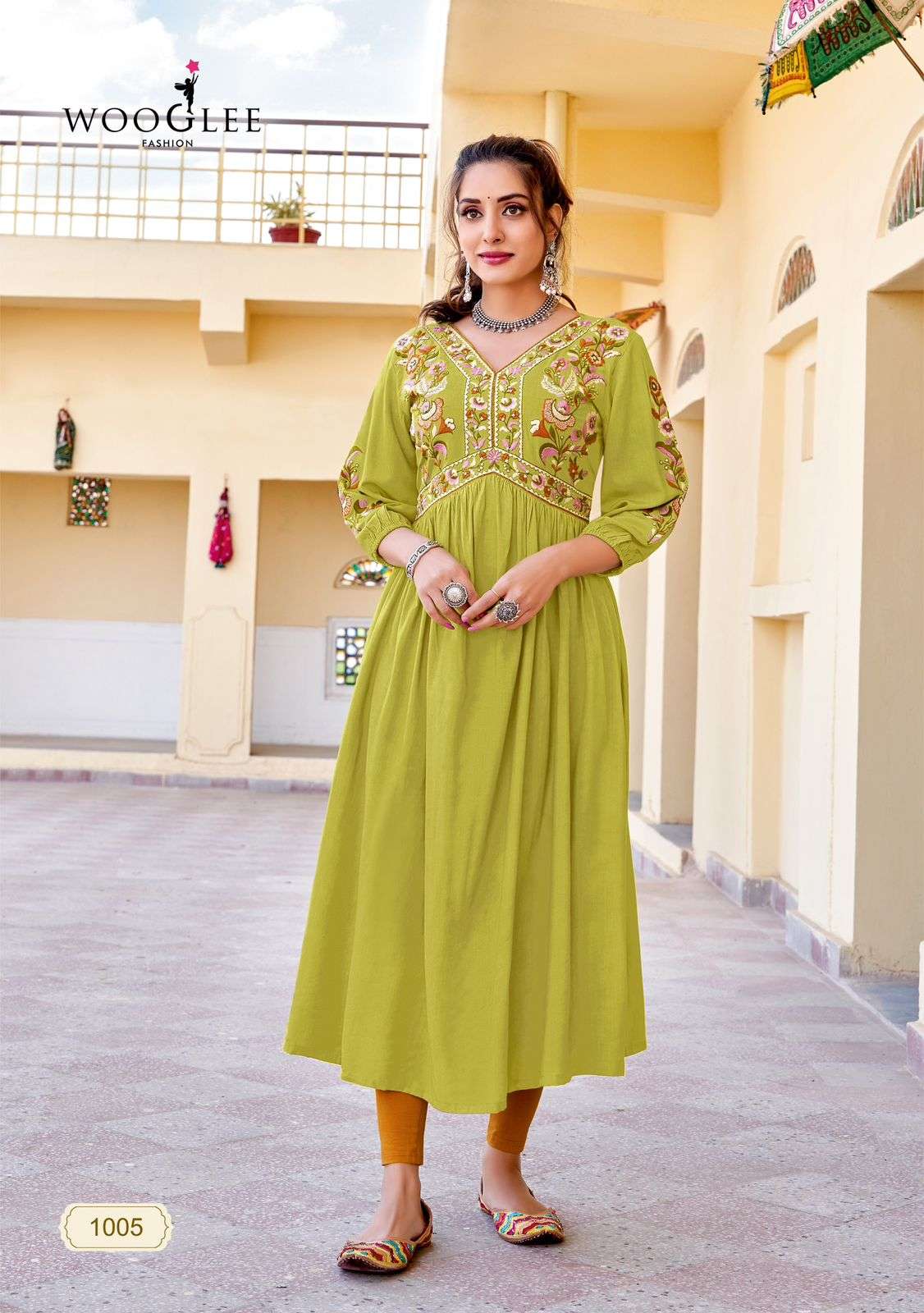 vedam by woogle fashion 1001-1005 series fancy work designer heavy rayon kurtis catalogue online surat gujarat 