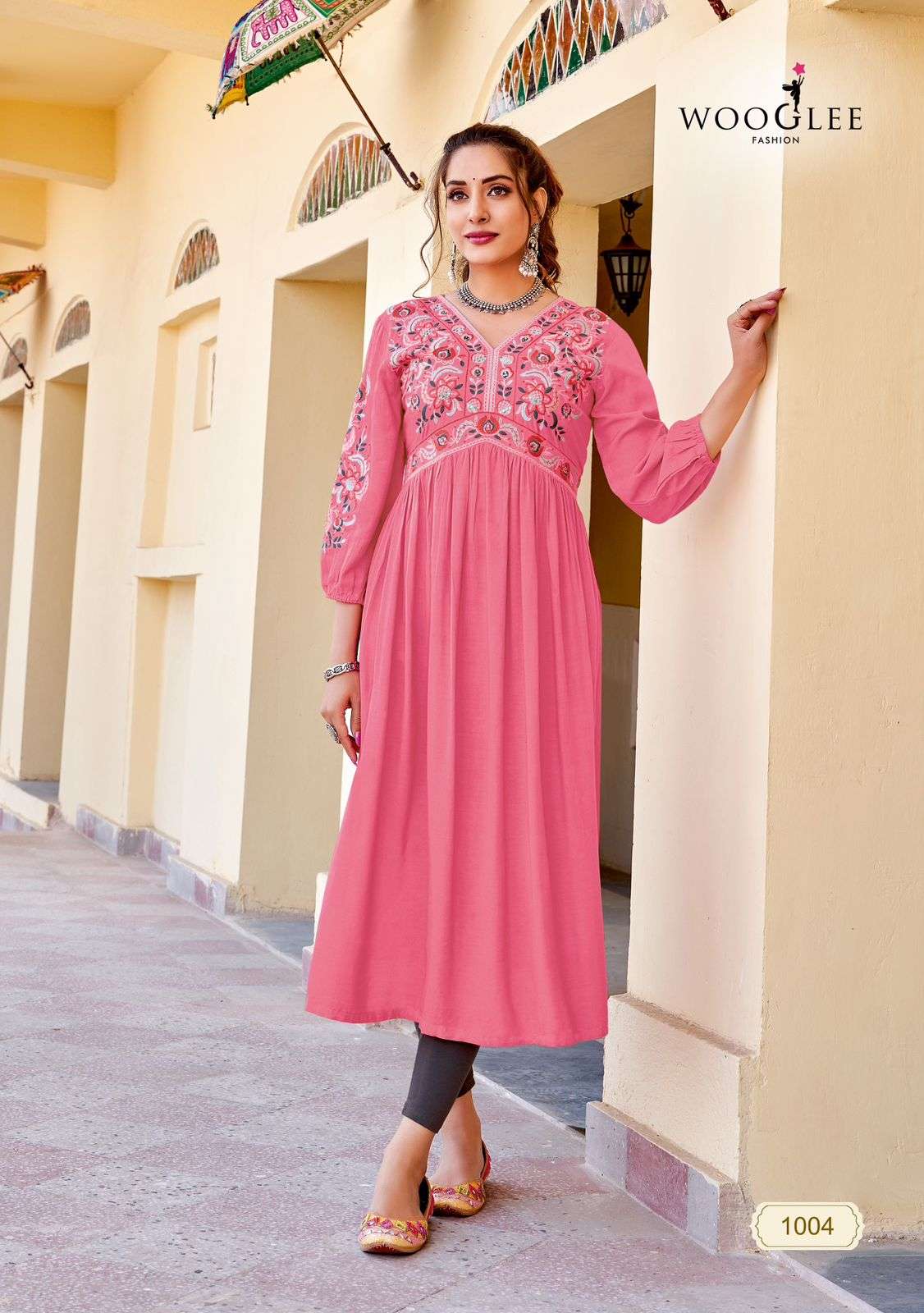 vedam by woogle fashion 1001-1005 series fancy work designer heavy rayon kurtis catalogue online surat gujarat 