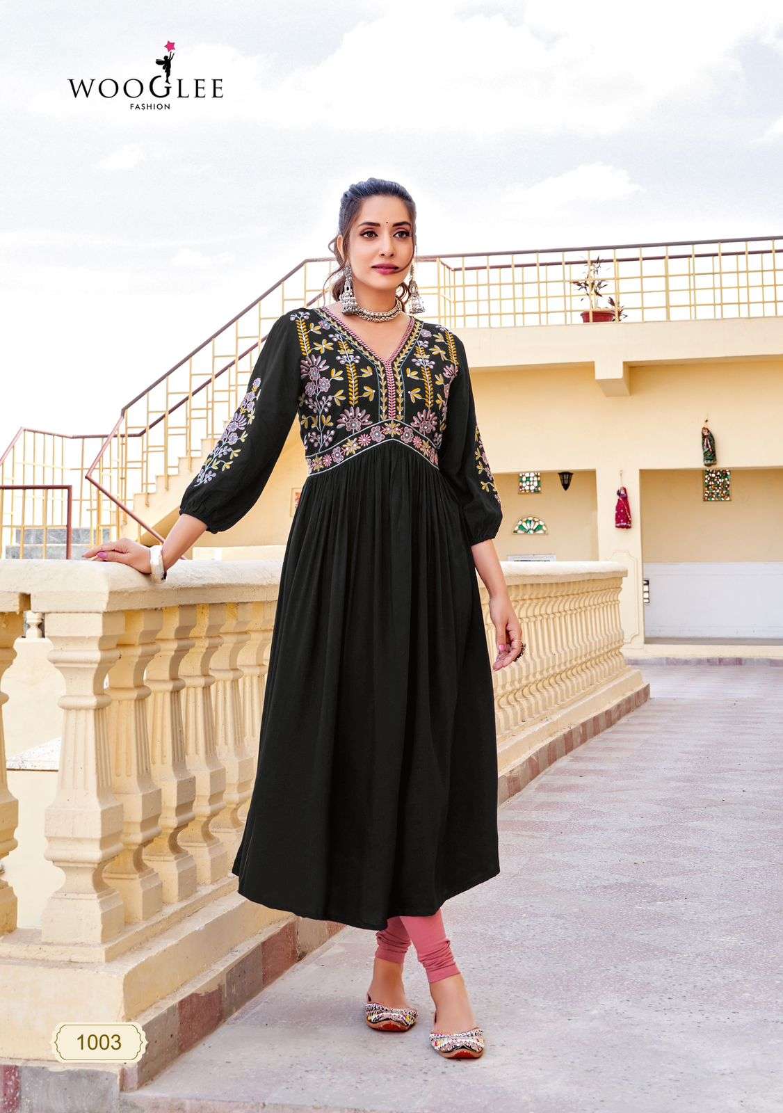 vedam by woogle fashion 1001-1005 series fancy work designer heavy rayon kurtis catalogue online surat gujarat 