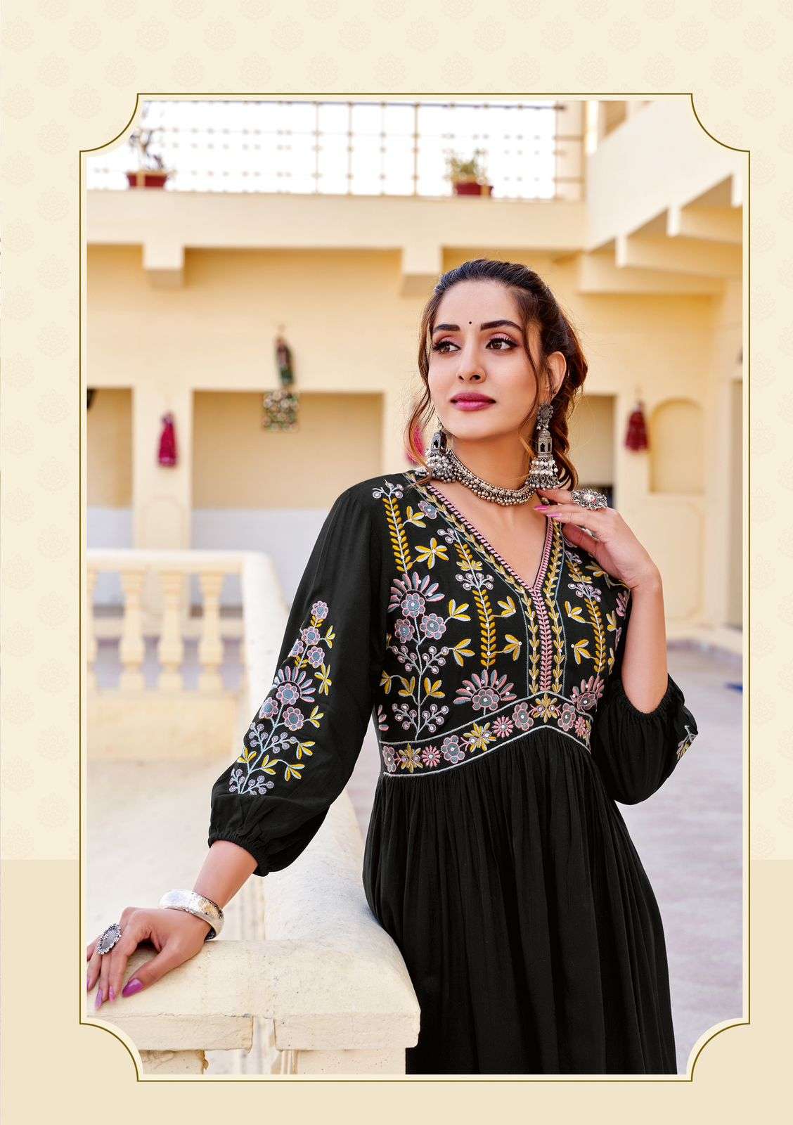 vedam by woogle fashion 1001-1005 series fancy work designer heavy rayon kurtis catalogue online surat gujarat 
