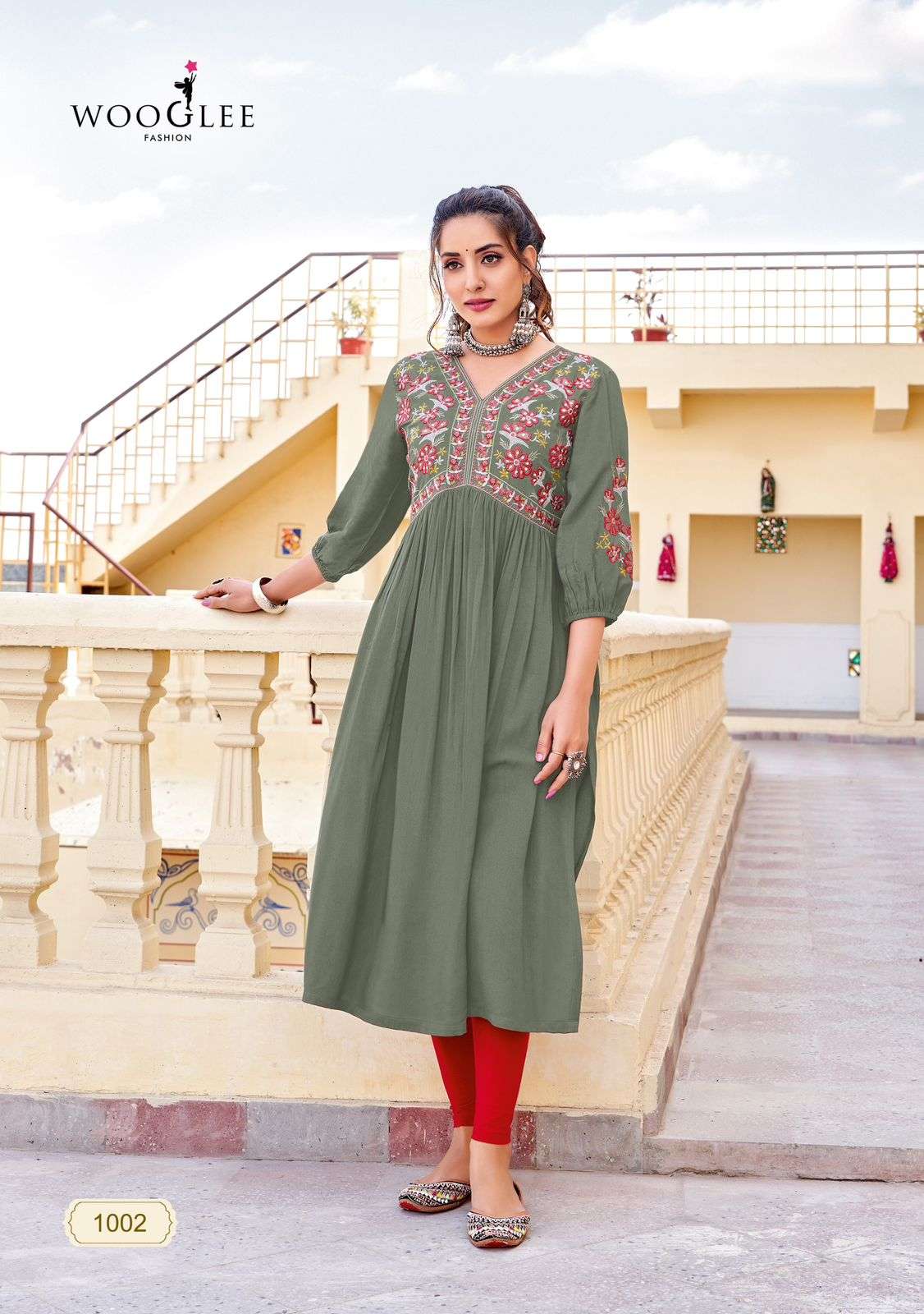 vedam by woogle fashion 1001-1005 series fancy work designer heavy rayon kurtis catalogue online surat gujarat 