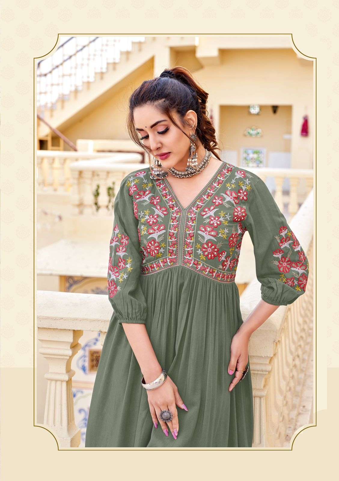vedam by woogle fashion 1001-1005 series fancy work designer heavy rayon kurtis catalogue online surat gujarat 