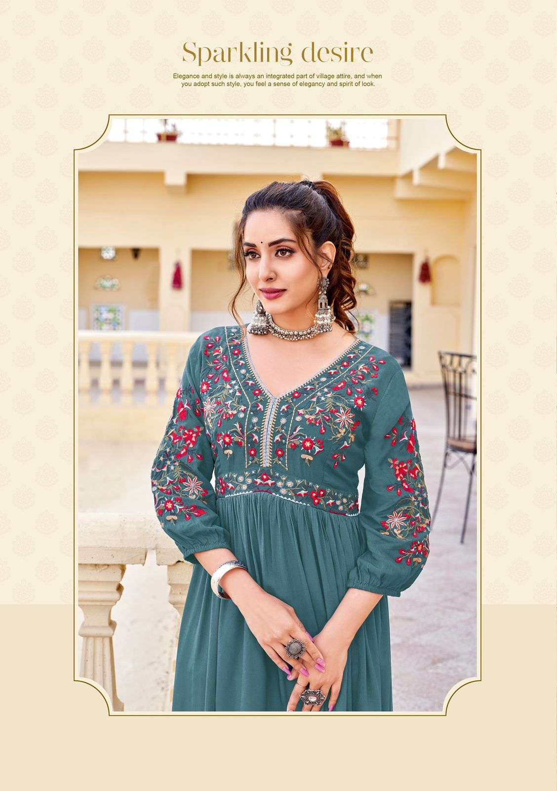 vedam by woogle fashion 1001-1005 series fancy work designer heavy rayon kurtis catalogue online surat gujarat 