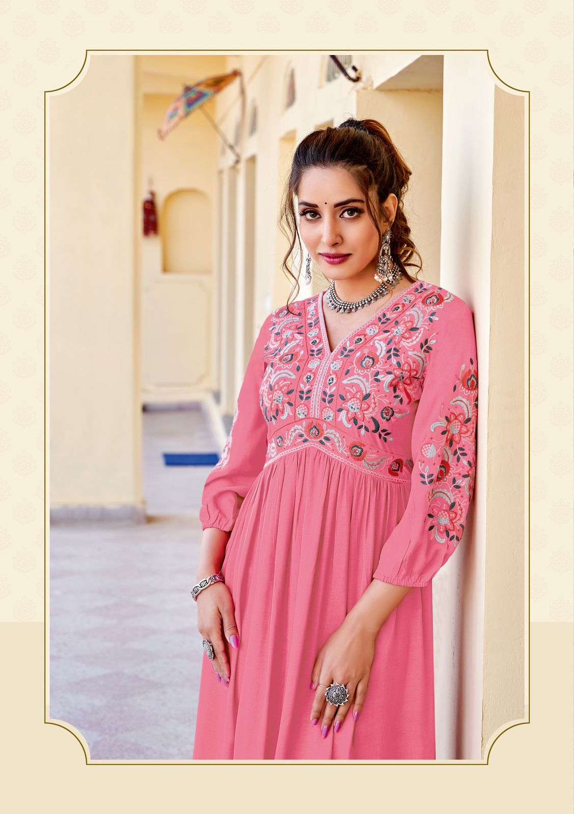 vedam by woogle fashion 1001-1005 series fancy work designer heavy rayon kurtis catalogue online surat gujarat 