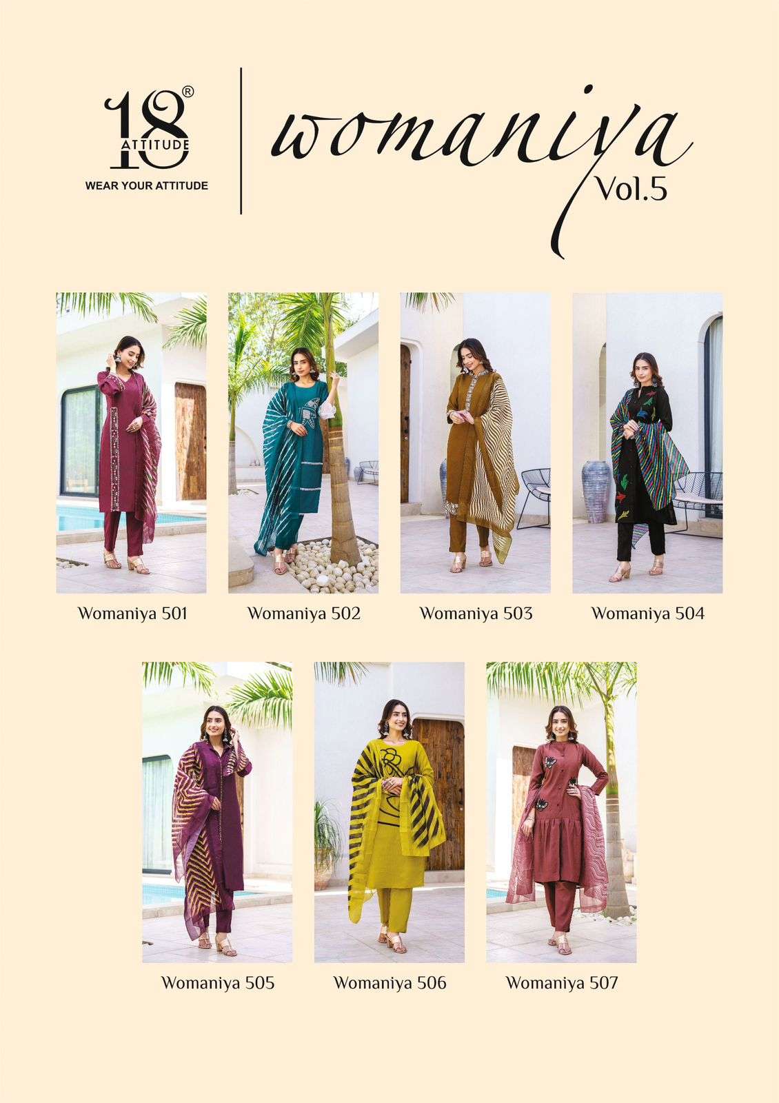 womaniya vol-5 by 18 attitude 501-507 series latest fancy designer kurtis catalogue online collection surat gujarat 