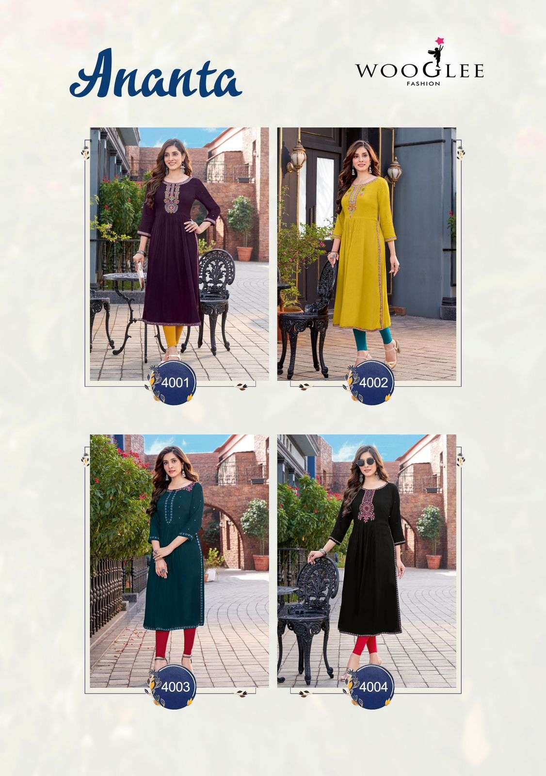 ananta by wooglee fashion 4001-4004 series rayon designer fancy kurtis catalogue wholesale surat 