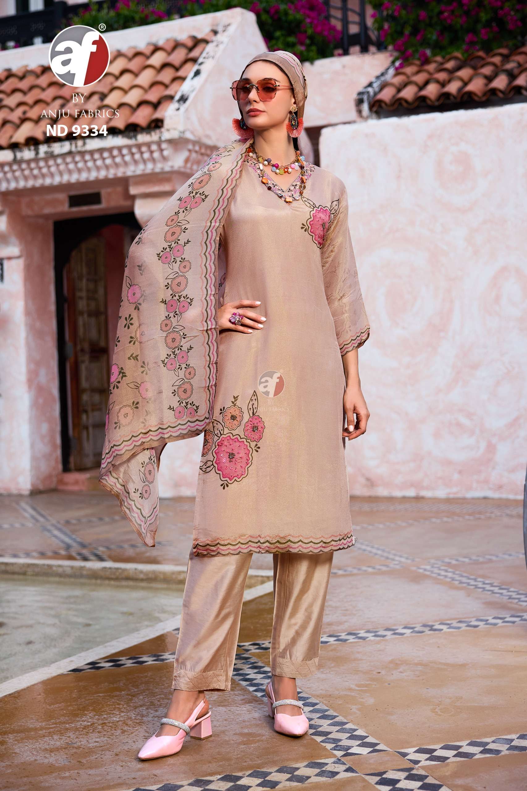 anju fabric 9334 designer party wear pure tissue shimmer ready to wear size set catalogue online price wholesalers