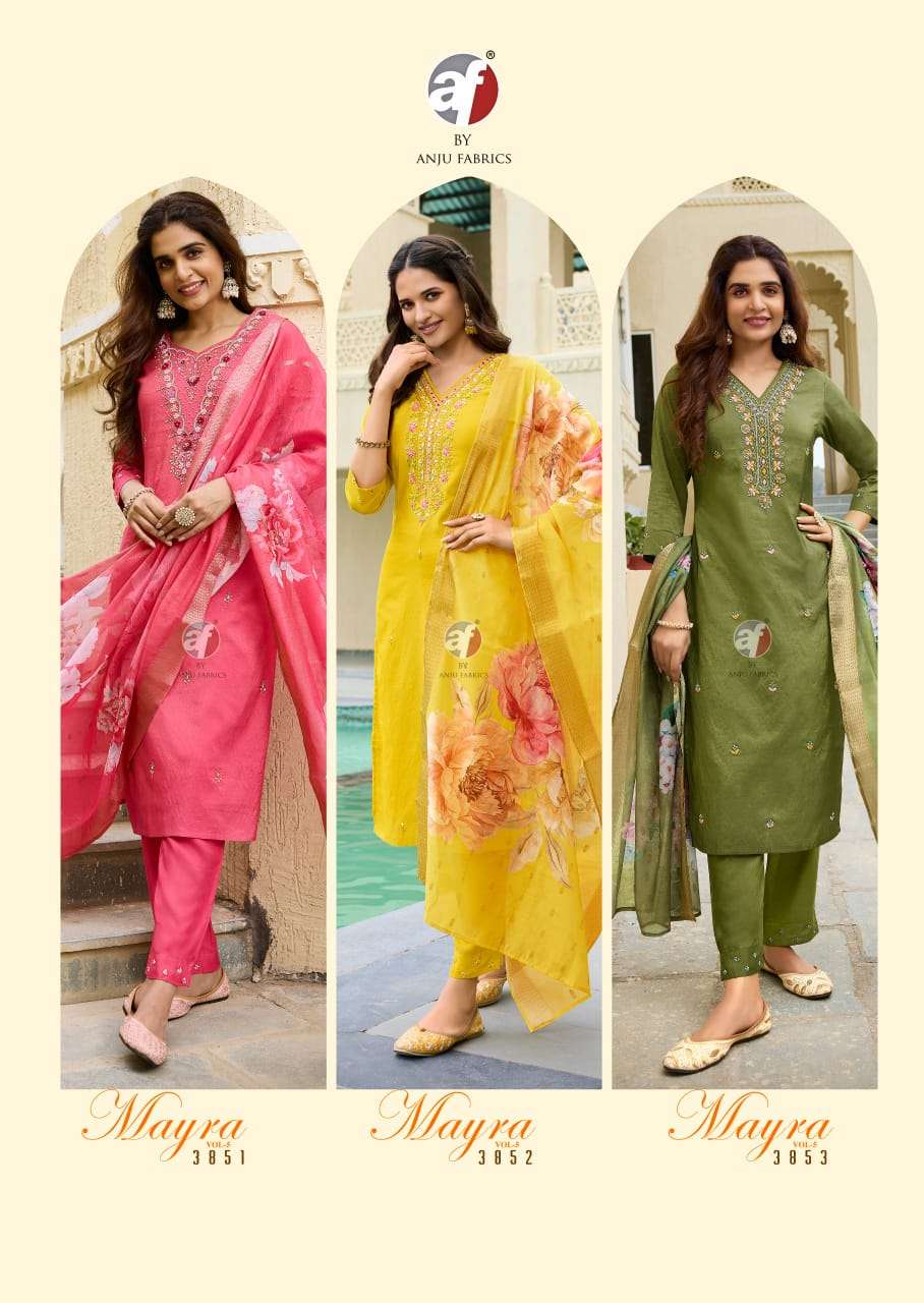 anju fabric mayra vol 5 3851-3856 series party wear blended shimmer stich kurti pant set catalogue wholesale price surat 