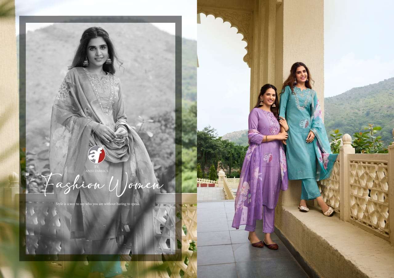 anju fabric mayra vol 5 3851-3856 series party wear blended shimmer stich kurti pant set catalogue wholesale price surat 