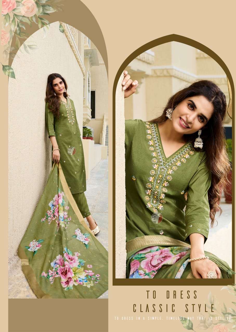 anju fabric mayra vol 5 3851-3856 series party wear blended shimmer stich kurti pant set catalogue wholesale price surat 