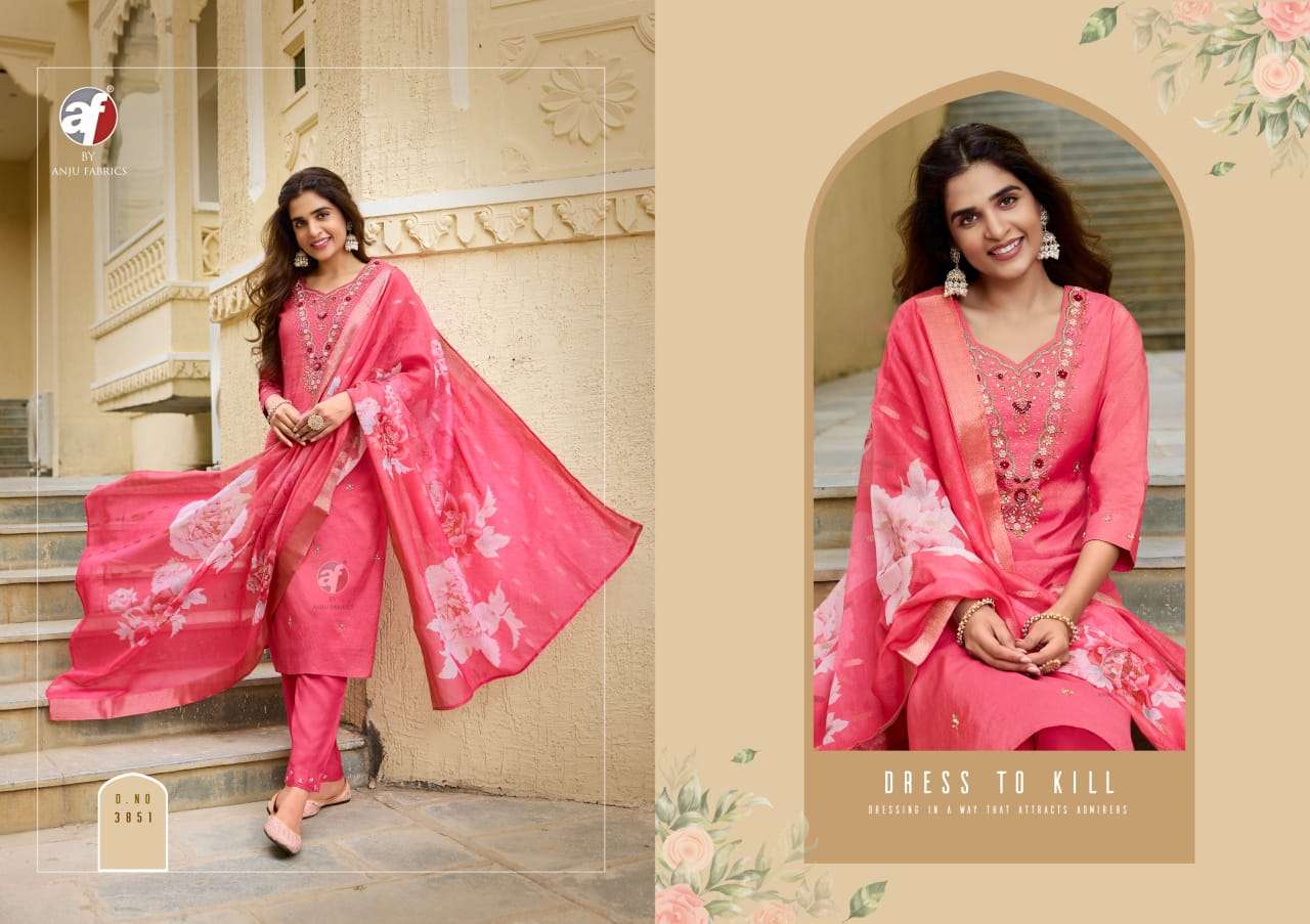 anju fabric mayra vol 5 3851-3856 series party wear blended shimmer stich kurti pant set catalogue wholesale price surat 