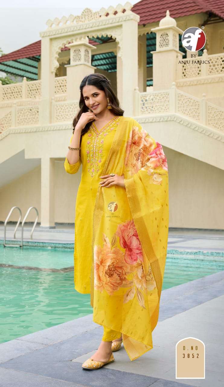 anju fabric mayra vol 5 3851-3856 series party wear blended shimmer stich kurti pant set catalogue wholesale price surat 