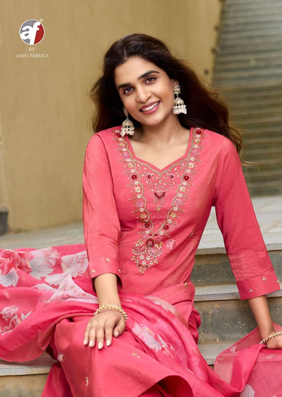 anju fabric mayra vol 5 3851-3856 series party wear blended shimmer stich kurti pant set catalogue wholesale price surat 