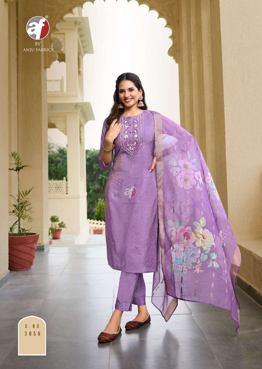anju fabric mayra vol 5 3851-3856 series party wear blended shimmer stich kurti pant set catalogue wholesale price surat 