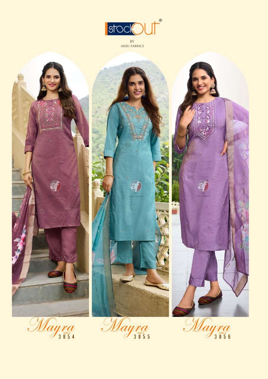 anju fabric mayra vol 5 3851-3856 series party wear blended shimmer stich kurti pant set catalogue wholesale price surat 