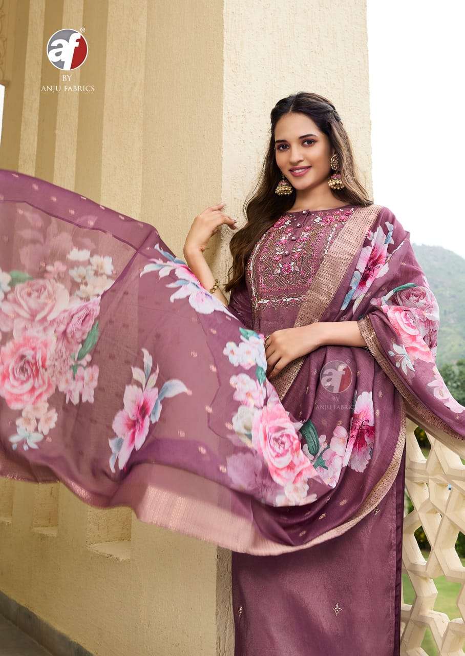 anju fabric mayra vol 5 3851-3856 series party wear blended shimmer stich kurti pant set catalogue wholesale price surat 