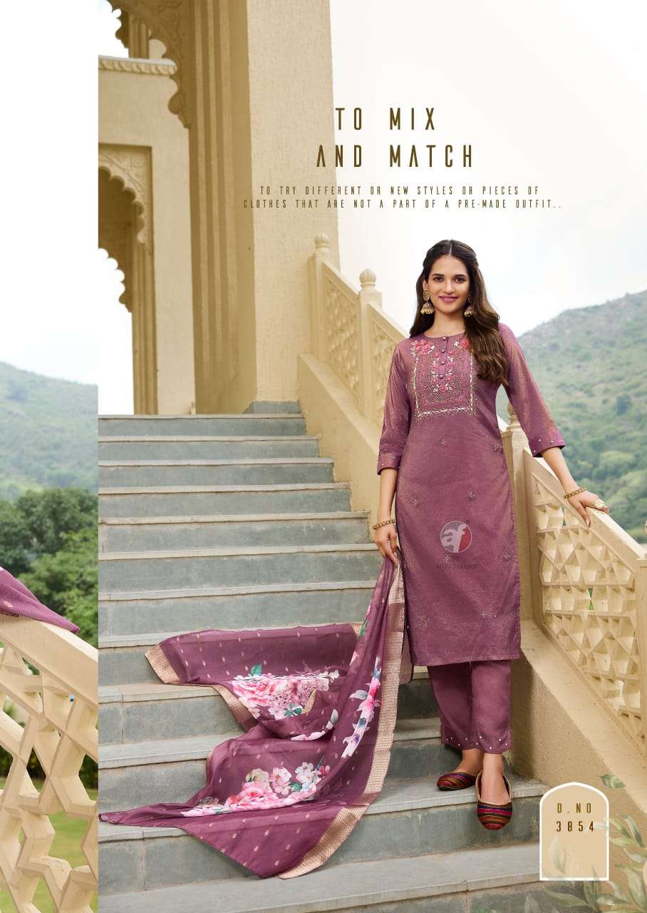 anju fabric mayra vol 5 3851-3856 series party wear blended shimmer stich kurti pant set catalogue wholesale price surat 