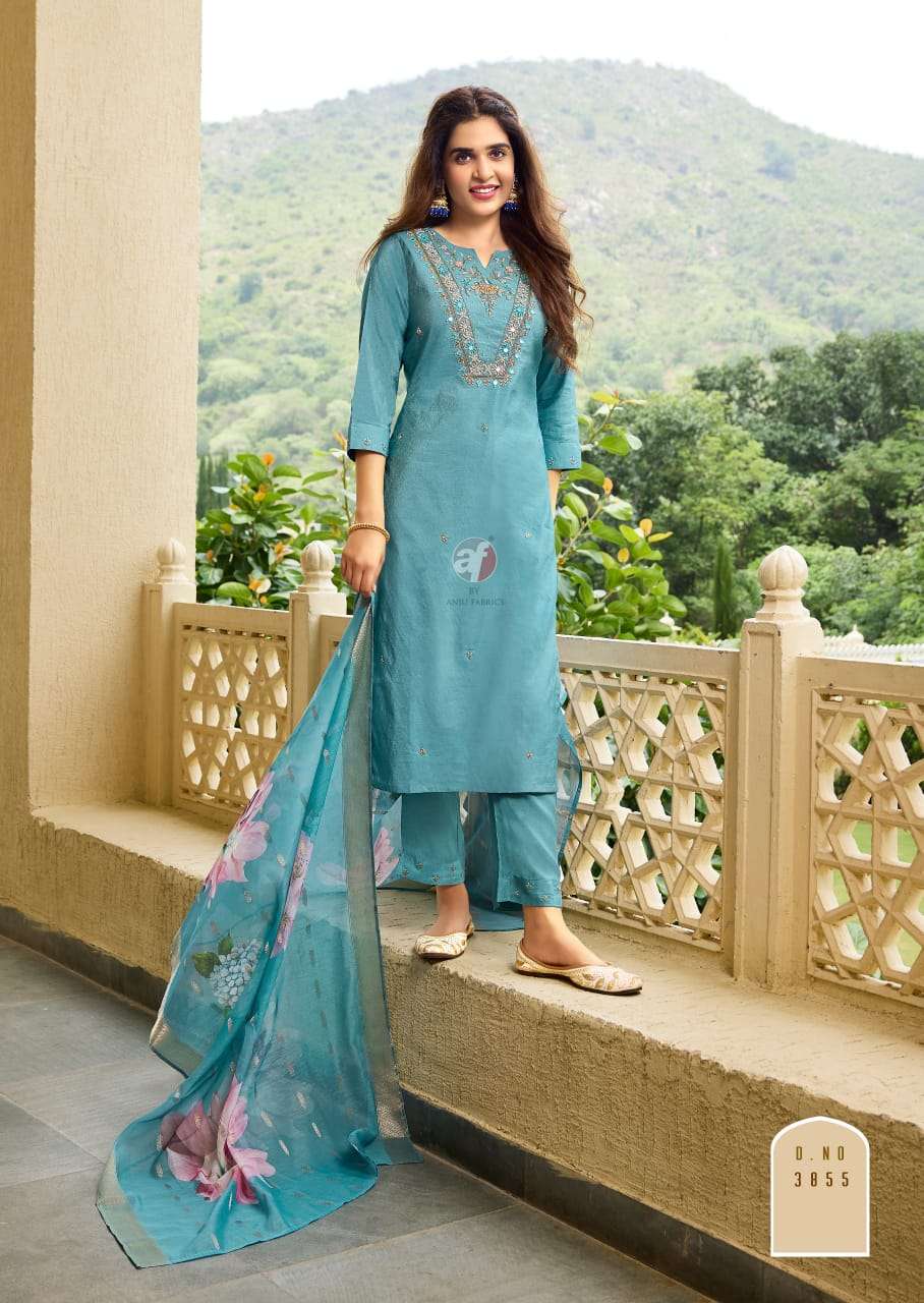 anju fabric mayra vol 5 3851-3856 series party wear blended shimmer stich kurti pant set catalogue wholesale price surat 