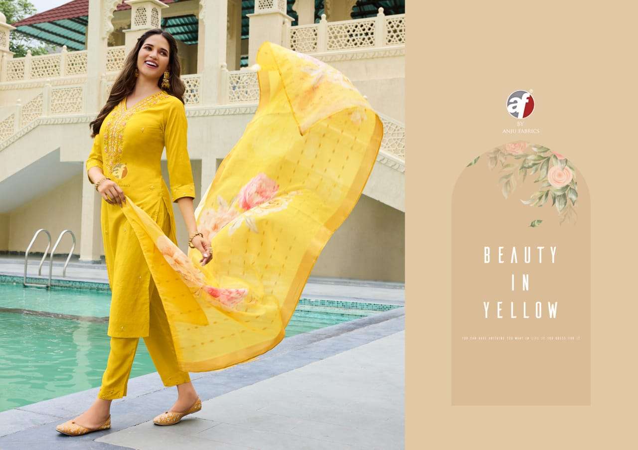 anju fabric mayra vol 5 3851-3856 series party wear blended shimmer stich kurti pant set catalogue wholesale price surat 