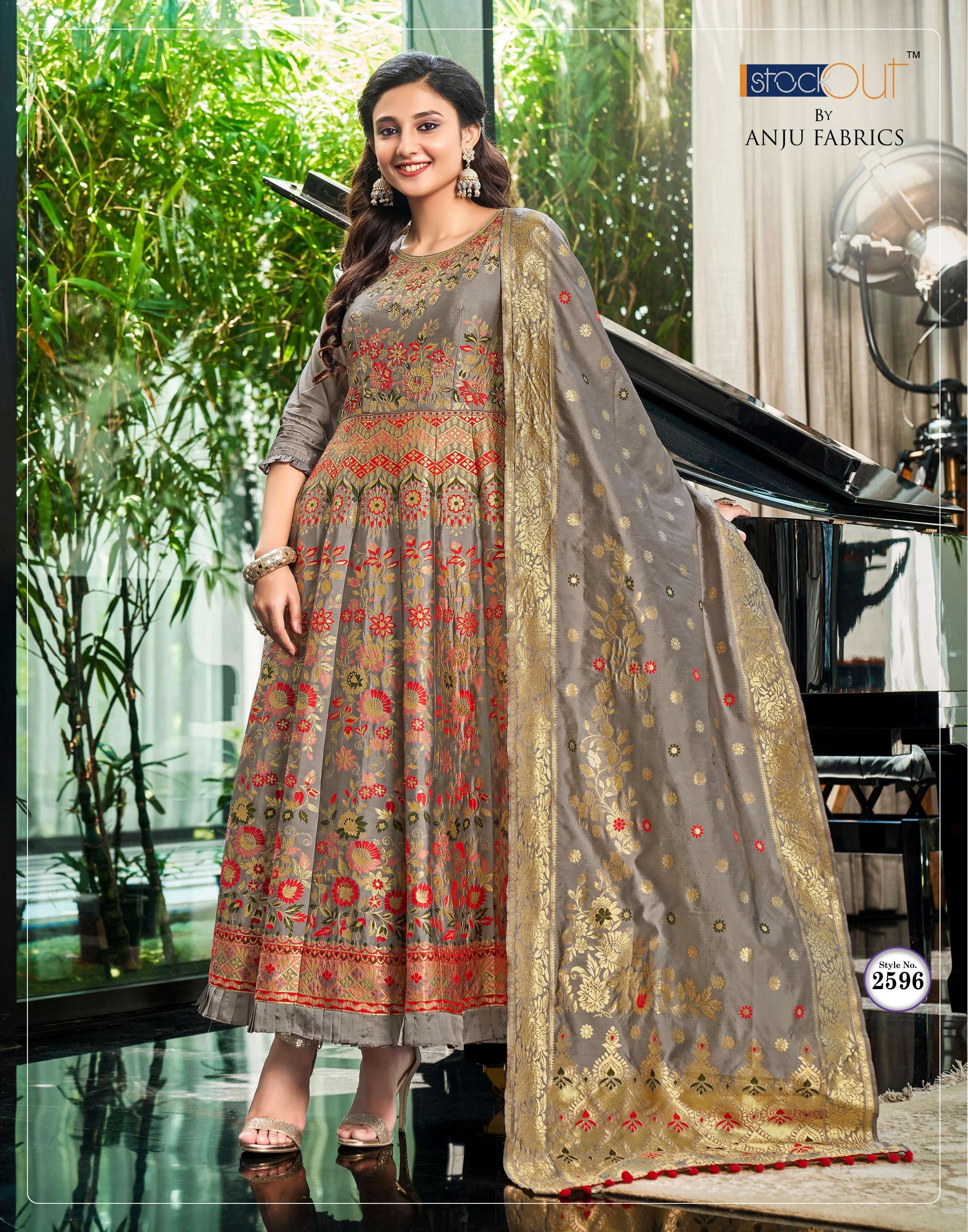 anju fabric phulkari 2591-2596 series designer party wear silk jacquard ready made gown dupatta catalogue surat 