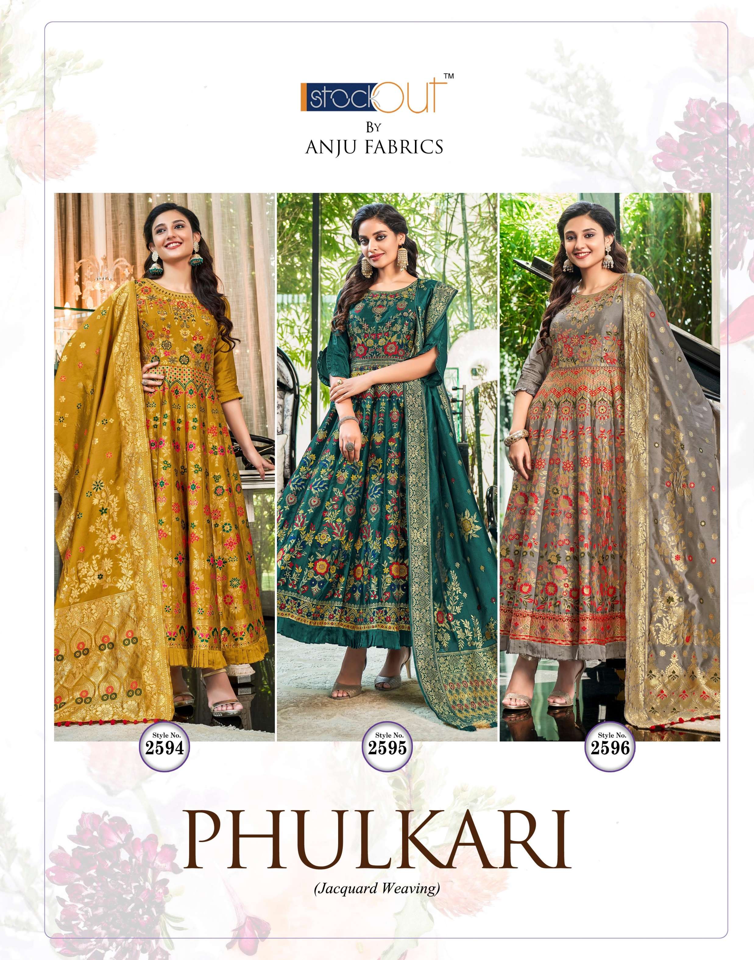 anju fabric phulkari 2591-2596 series designer party wear silk jacquard ready made gown dupatta catalogue surat 