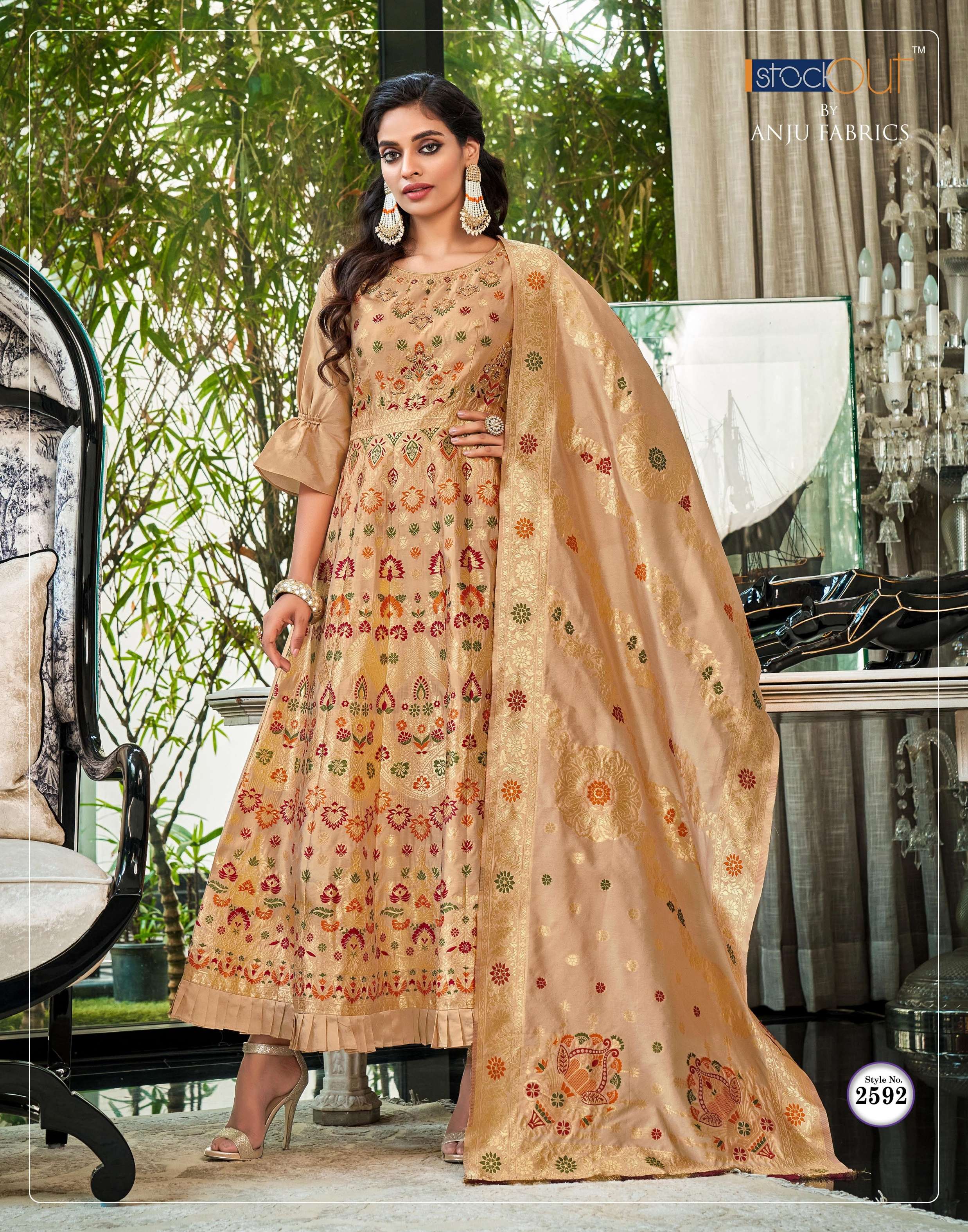 anju fabric phulkari 2591-2596 series designer party wear silk jacquard ready made gown dupatta catalogue surat 