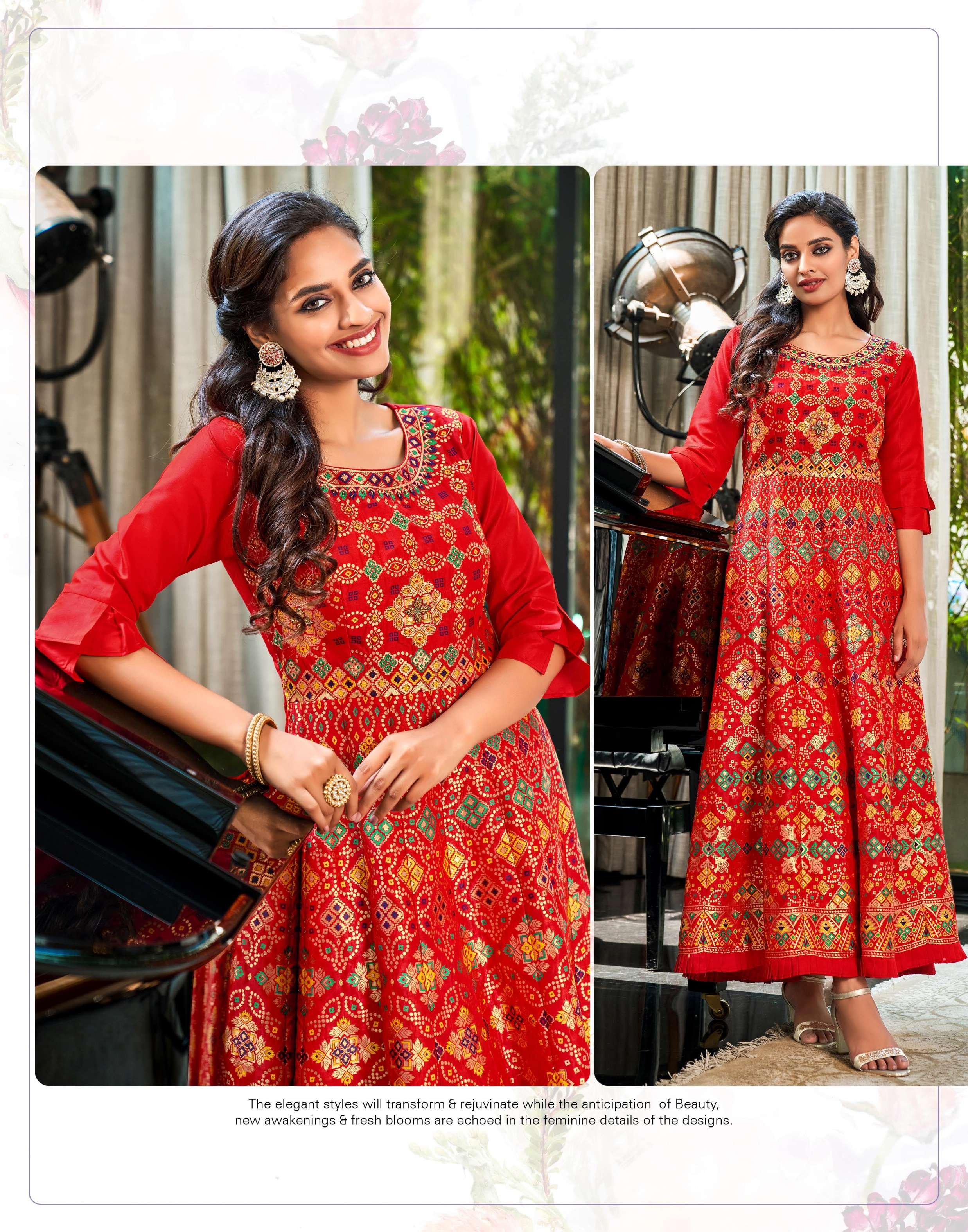 anju fabric phulkari 2591-2596 series designer party wear silk jacquard ready made gown dupatta catalogue surat 