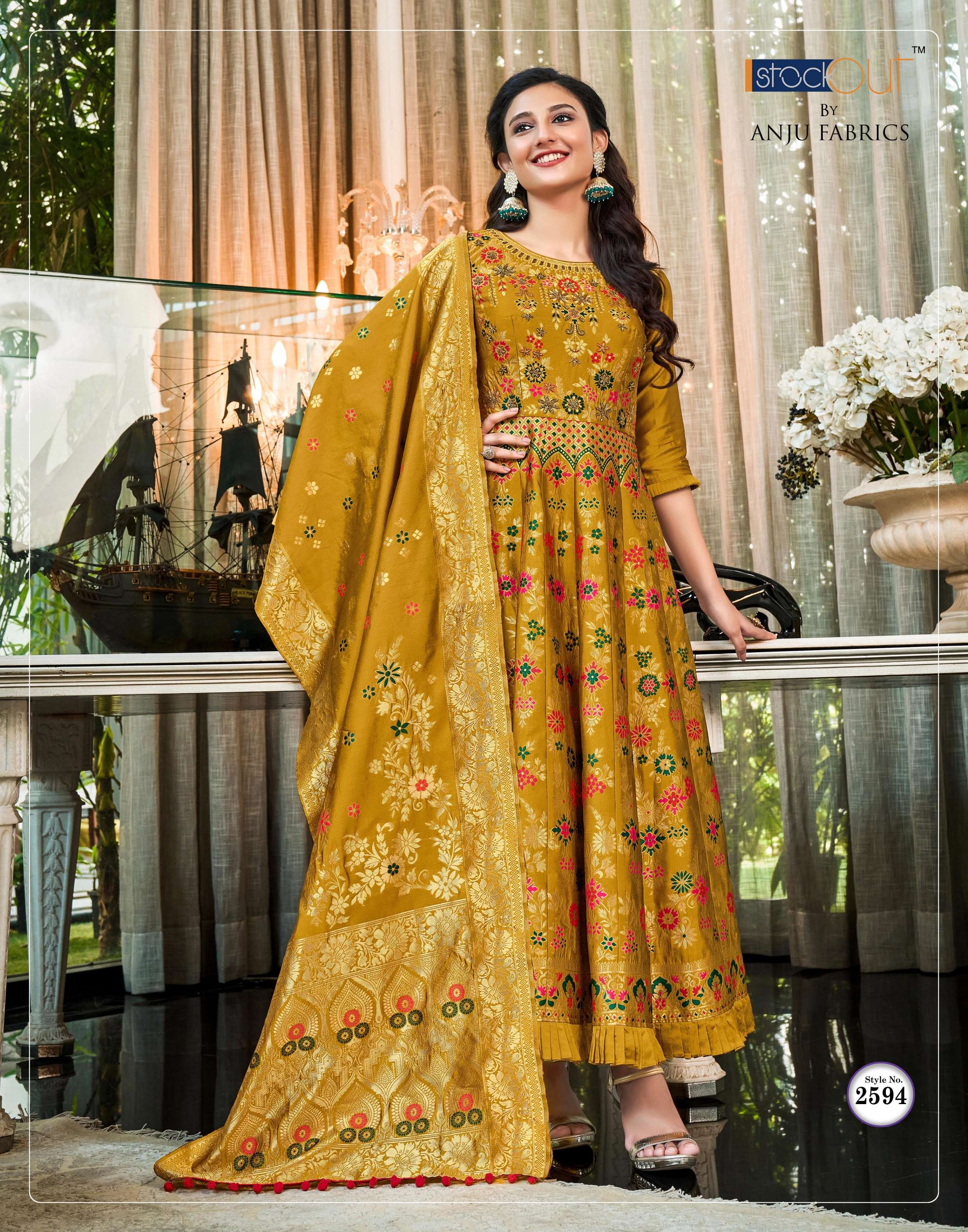 anju fabric phulkari 2591-2596 series designer party wear silk jacquard ready made gown dupatta catalogue surat 