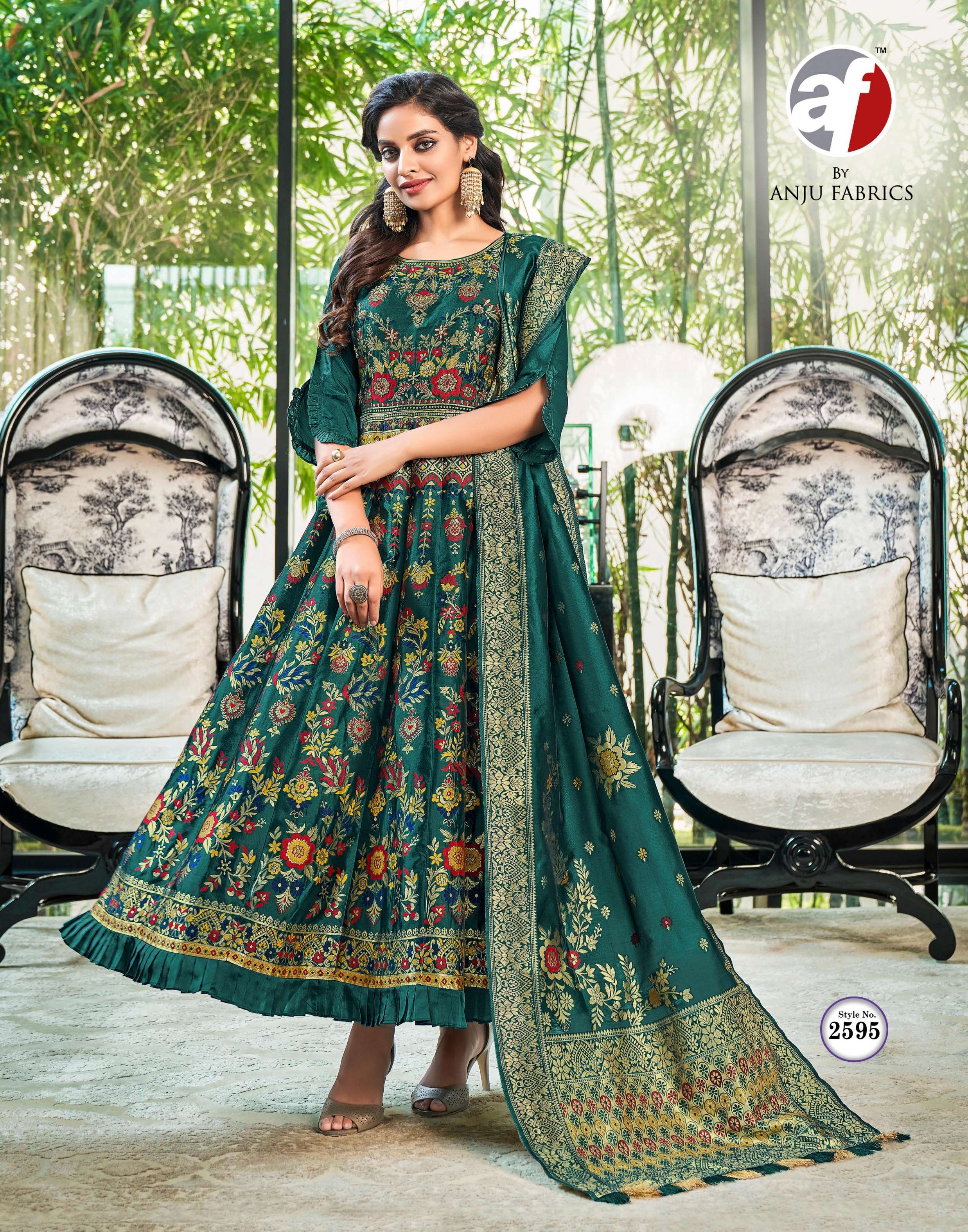 anju fabric phulkari 2591-2596 series designer party wear silk jacquard ready made gown dupatta catalogue surat 