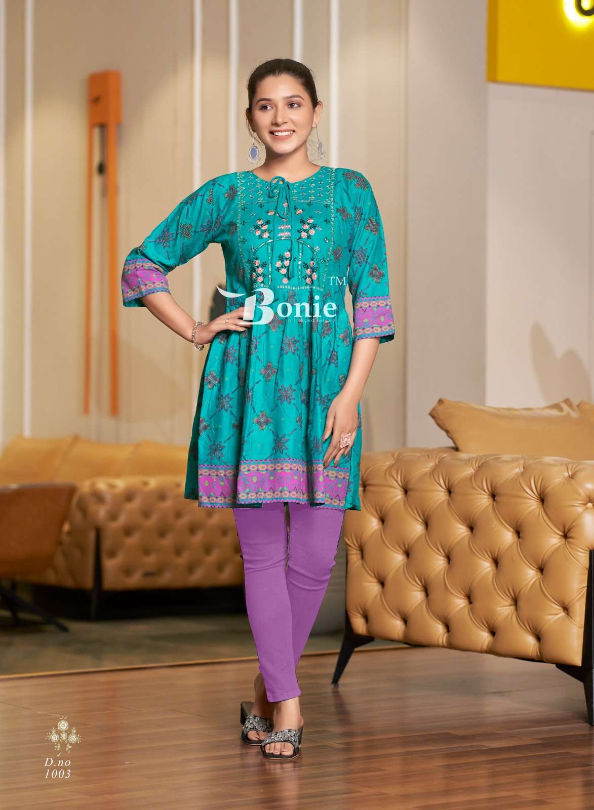 bonie nikki 1001-1006 series designer rayon tunic top catalogue buy online dealer surat 