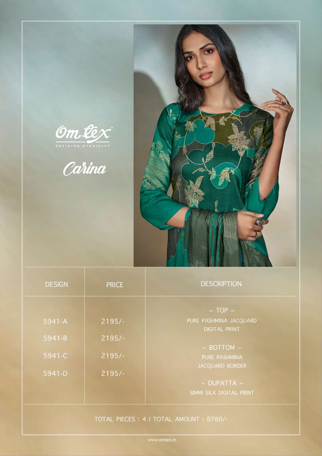 carina by om tex pure pashmina jacquard dress material catalogue online dealer surat gujarat 