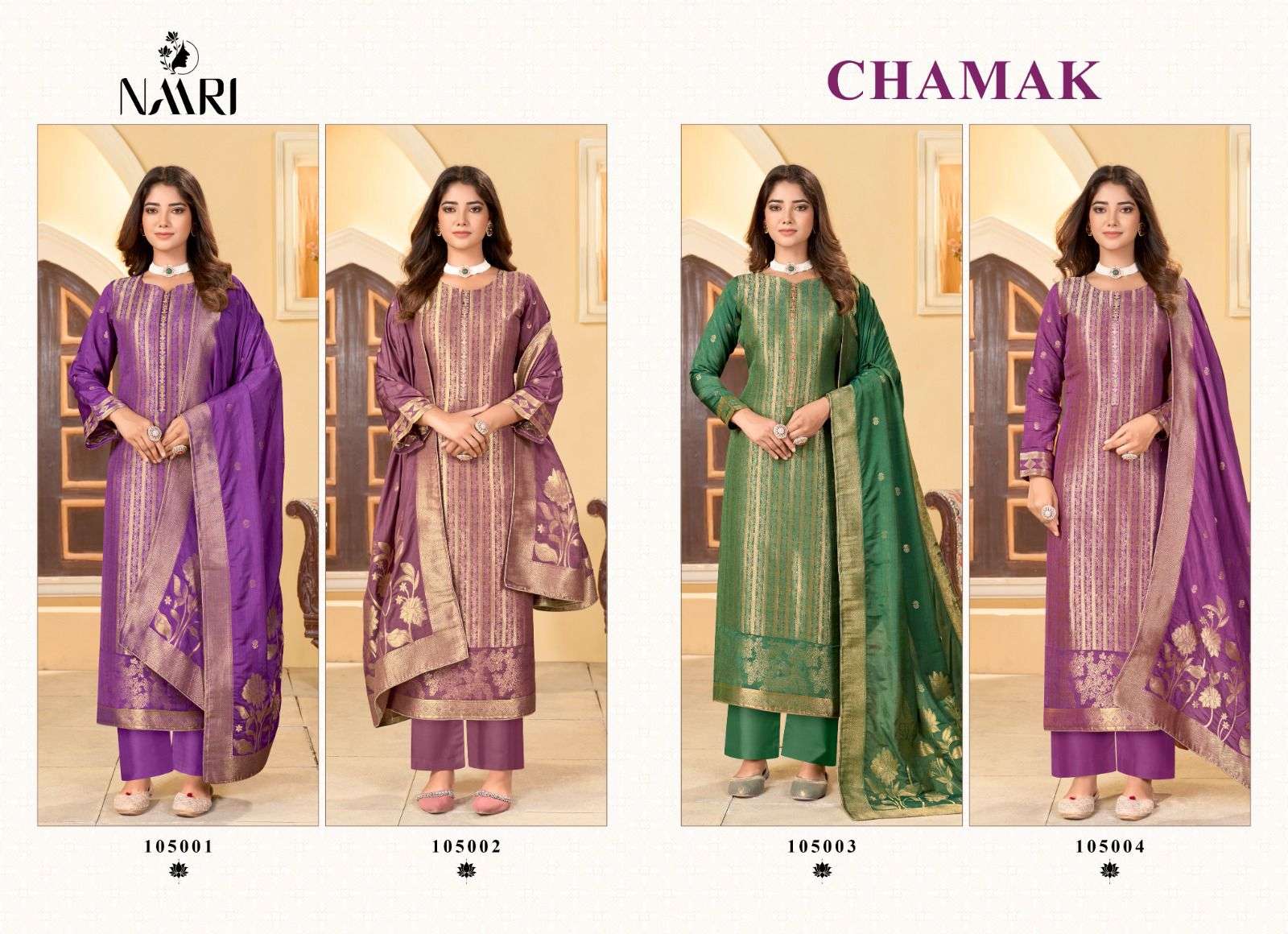 chamak by naari 105001-105004 series indian designer festive wear salwar kameez catalogue dealer surat gujarat 